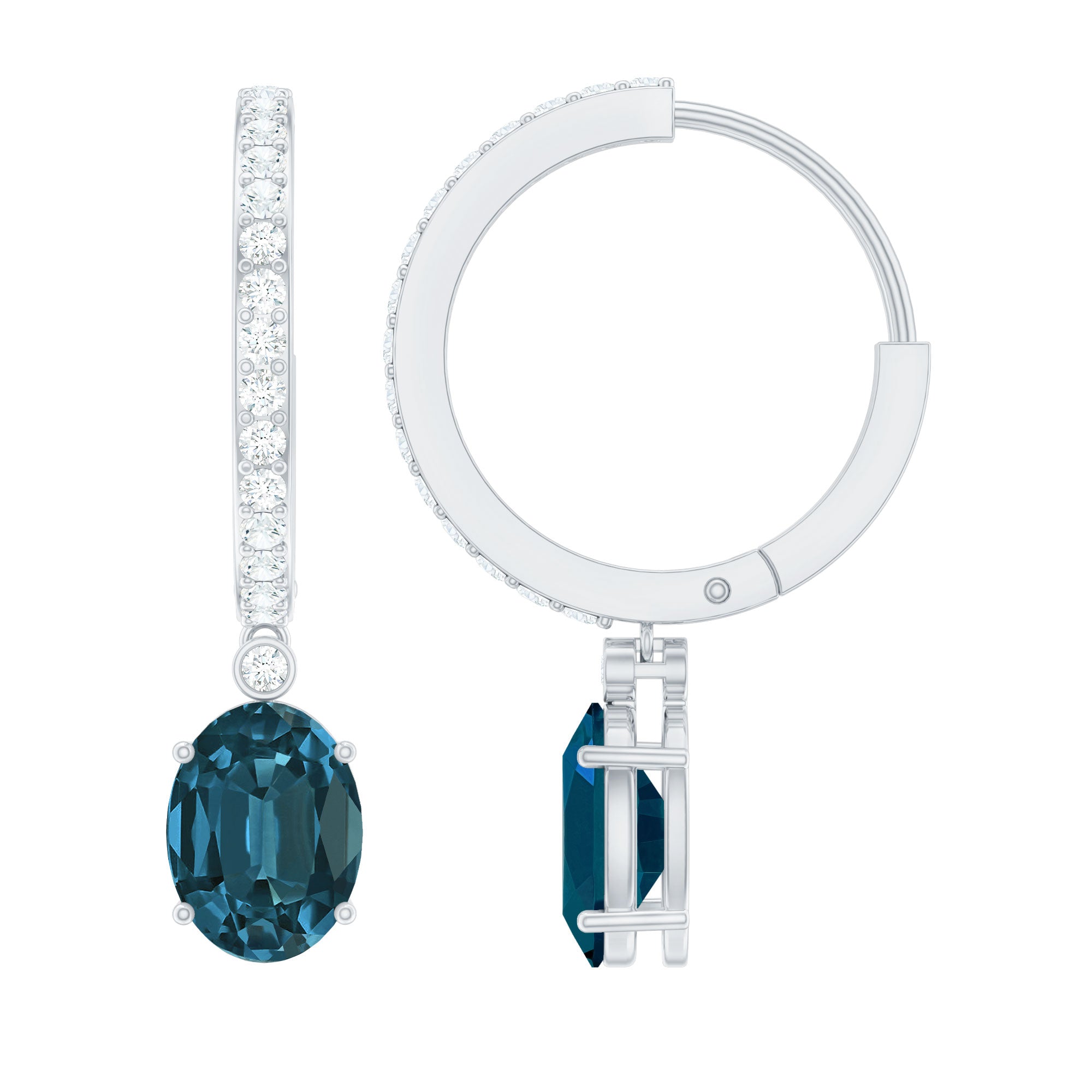 Natural Oval 2 Carat London Blue Topaz Drop hoop Earrings with Diamond