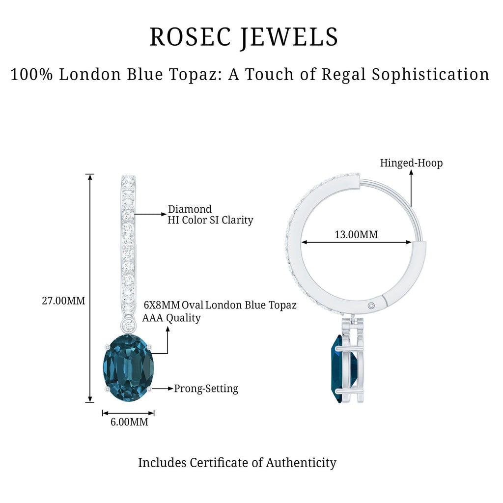 Natural Oval 2 Carat London Blue Topaz Drop hoop Earrings with Diamond