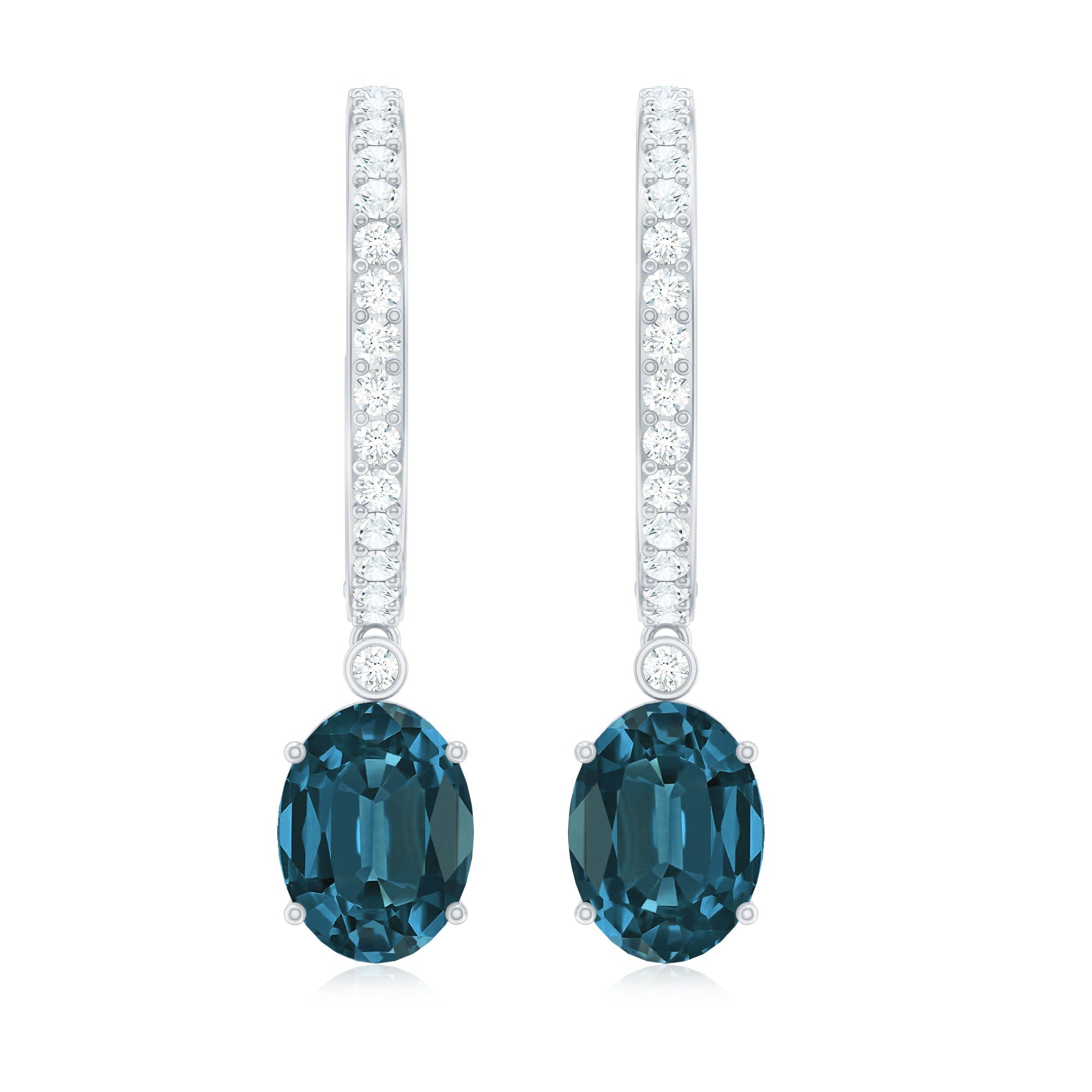 Natural Oval 2 Carat London Blue Topaz Drop hoop Earrings with Diamond