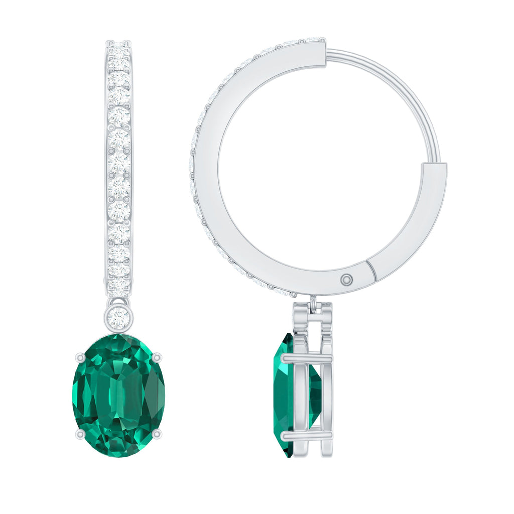 Oval Created Emerald and Diamond Hoop Drop Earrings