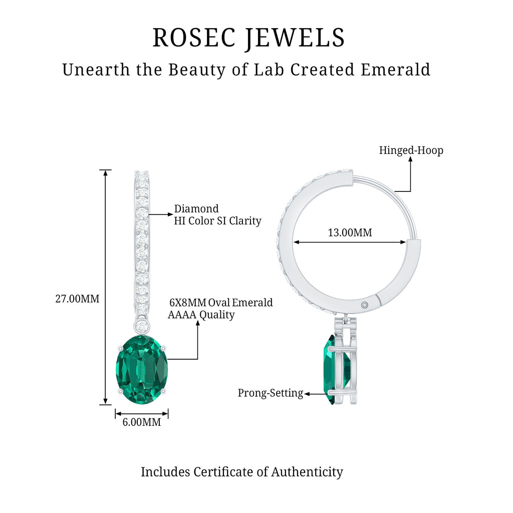 Oval Created Emerald and Diamond Hoop Drop Earrings