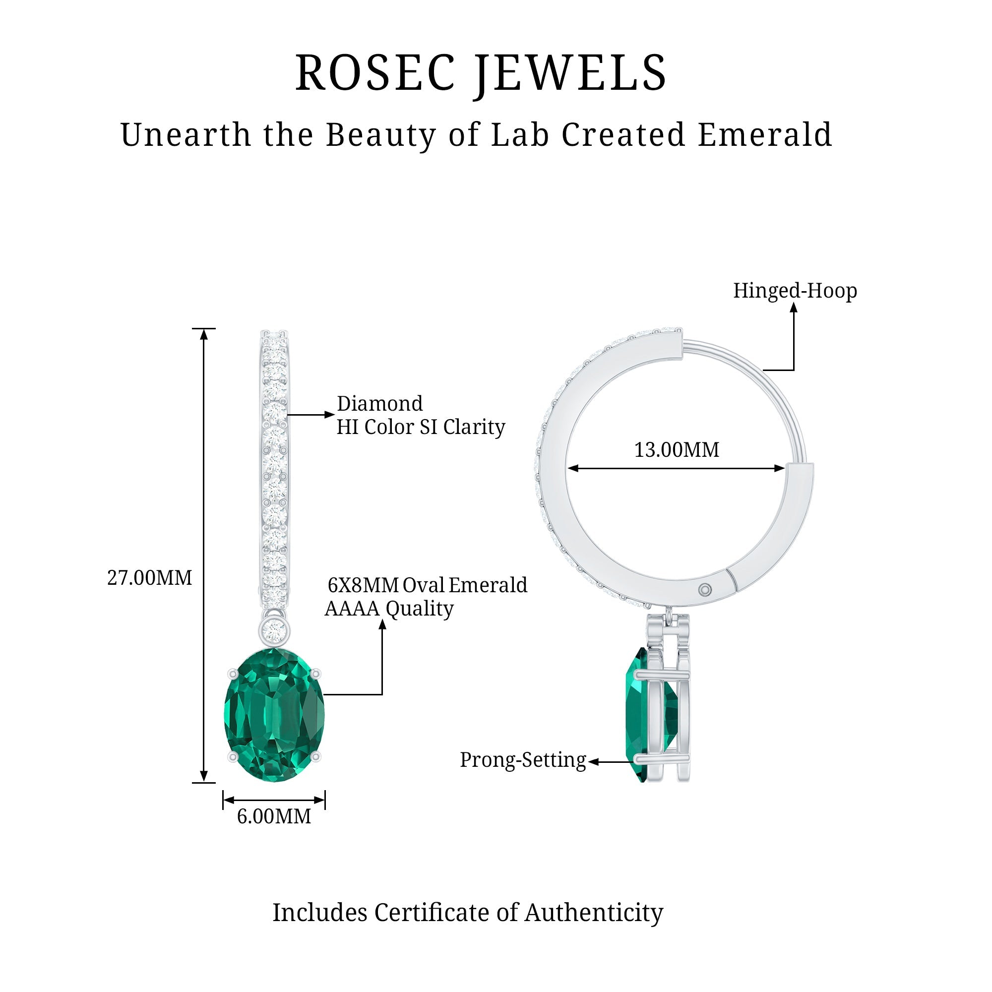 Oval Created Emerald and Diamond Hoop Drop Earrings
