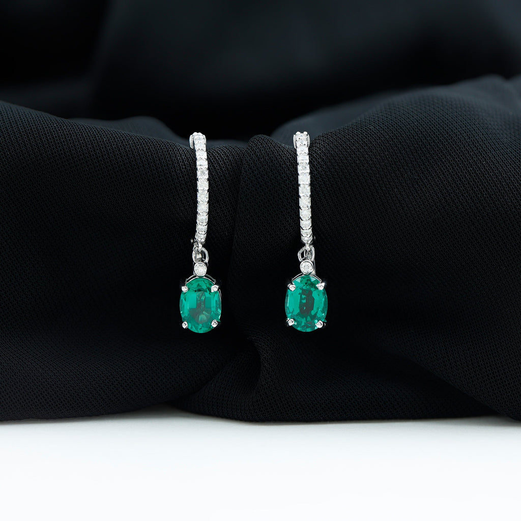 Oval Created Emerald and Diamond Hoop Drop Earrings