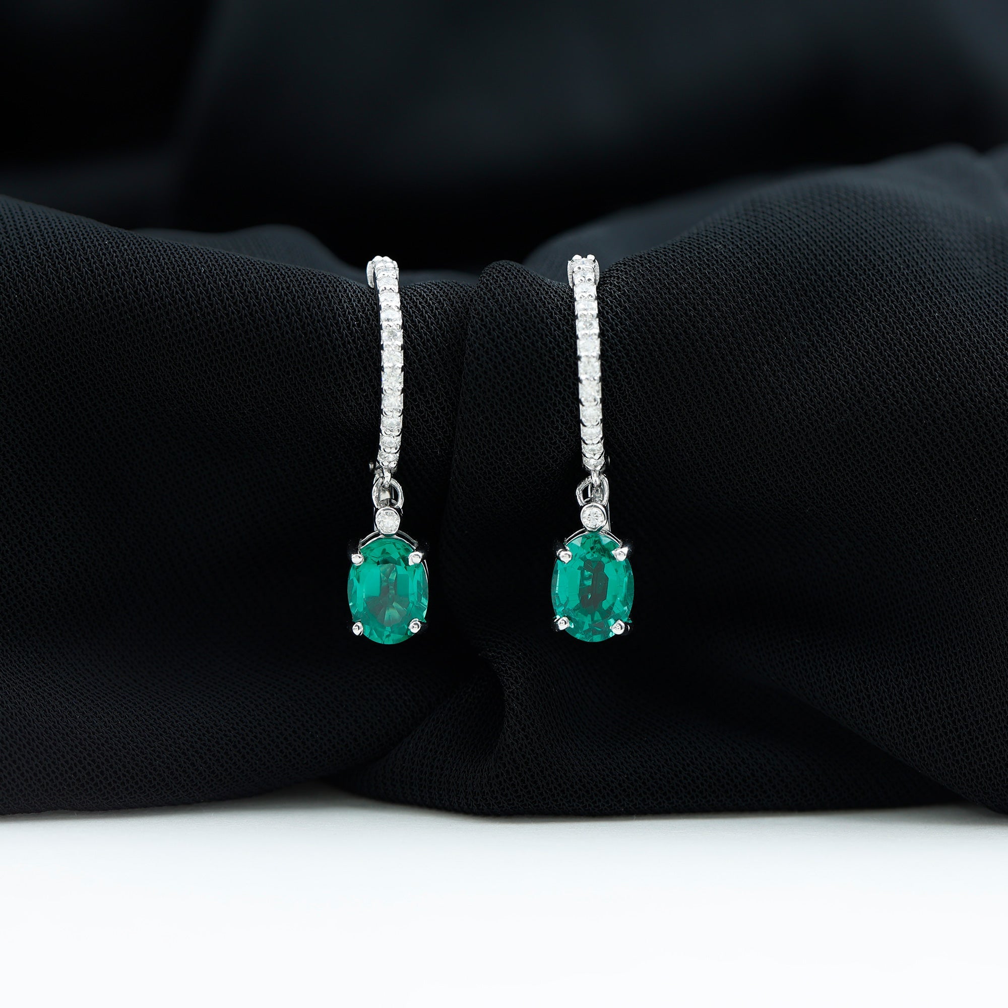 Oval Created Emerald and Diamond Hoop Drop Earrings