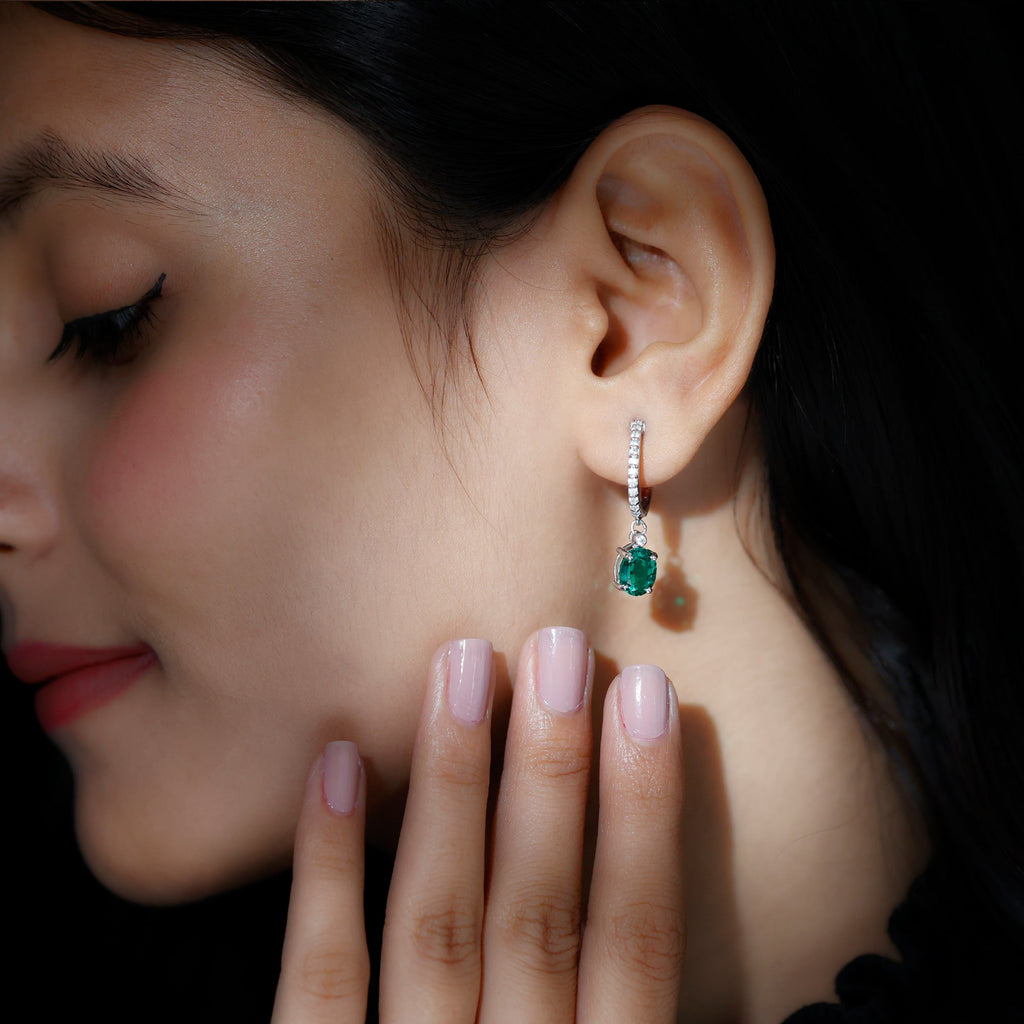 Oval Created Emerald and Diamond Hoop Drop Earrings