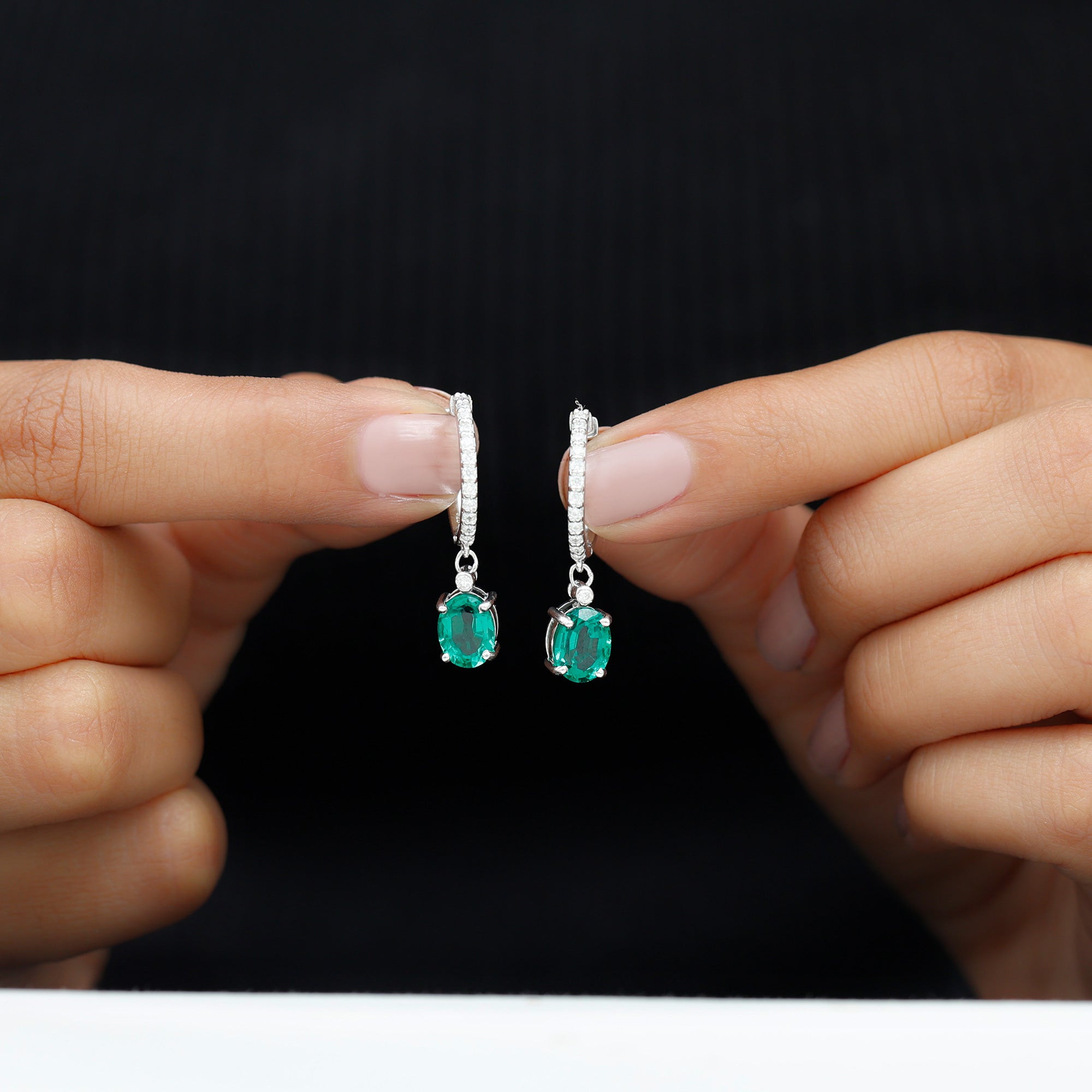 Oval Created Emerald and Diamond Hoop Drop Earrings