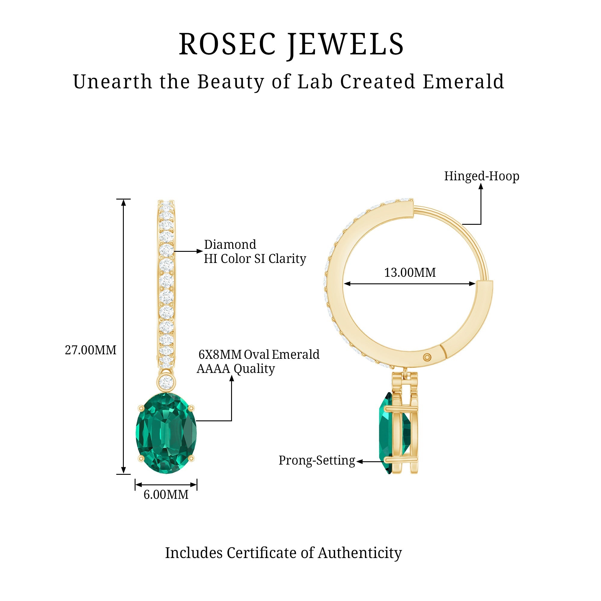 Oval Created Emerald and Diamond Hoop Drop Earrings