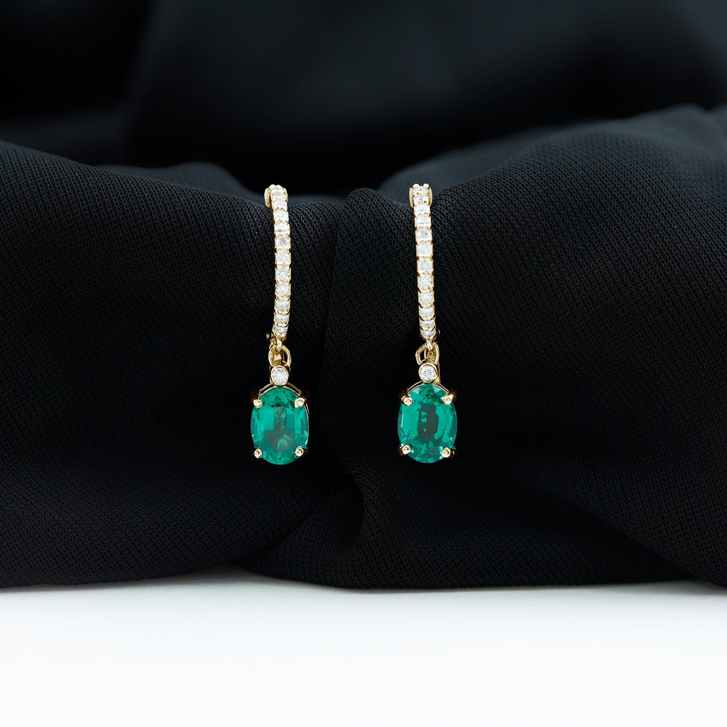 Oval Created Emerald and Diamond Hoop Drop Earrings