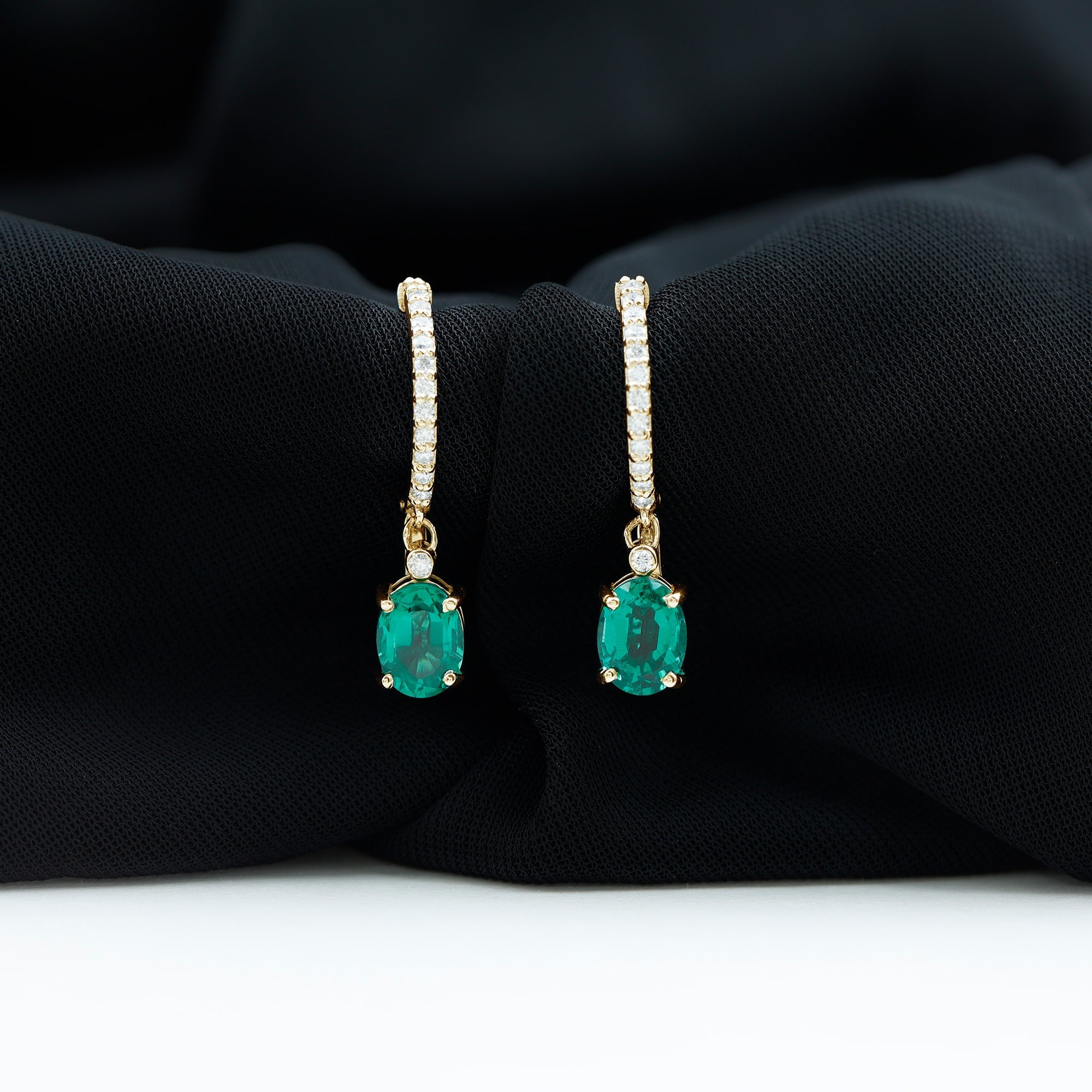 Oval Created Emerald and Diamond Hoop Drop Earrings