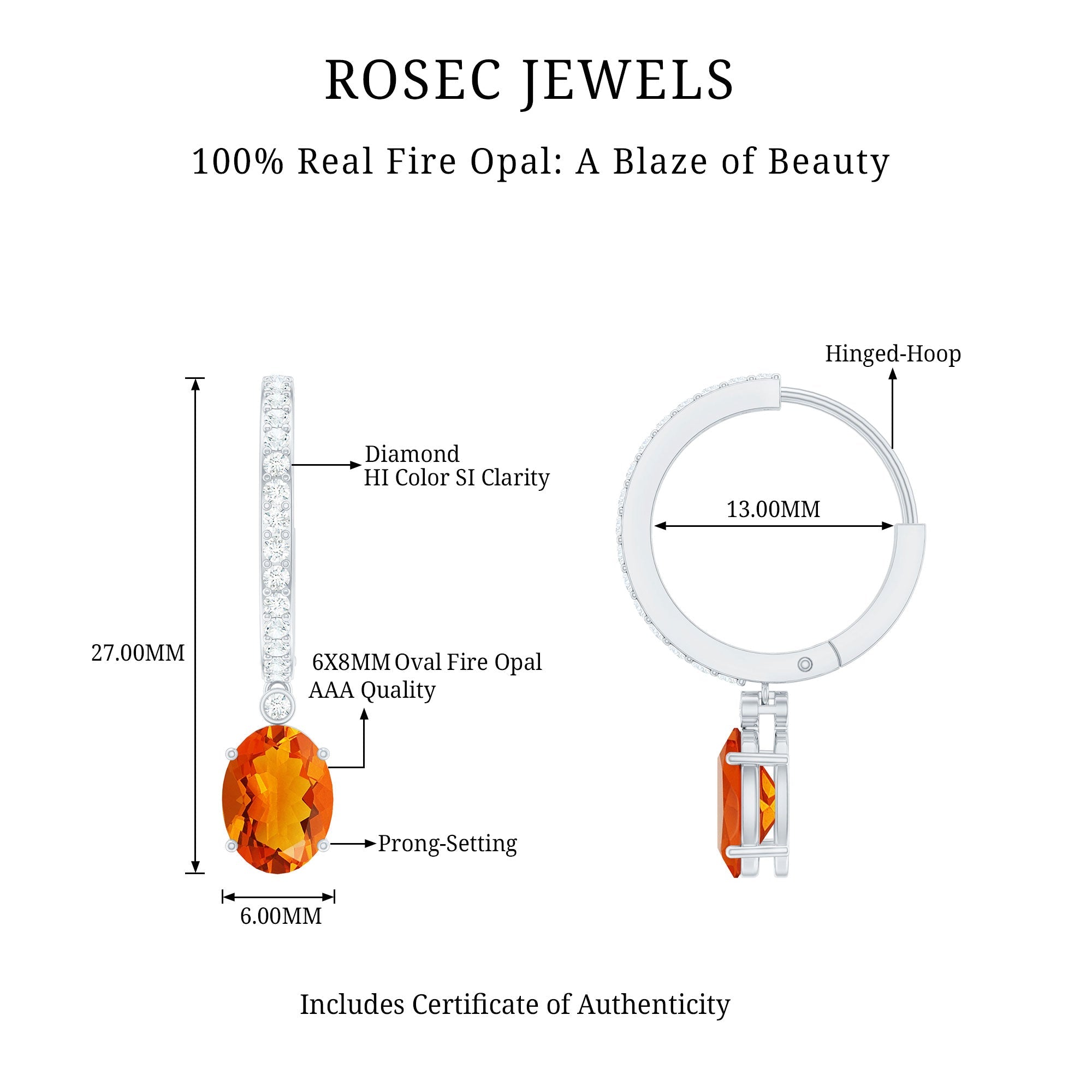 Certified Real Oval Fire Opal Hoop Earrings with Diamond