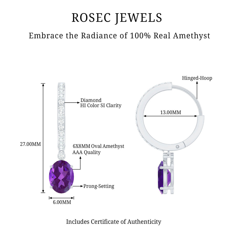Real 6X8mm Oval Amethyst Diamond Hoop Earrings With Diamonds