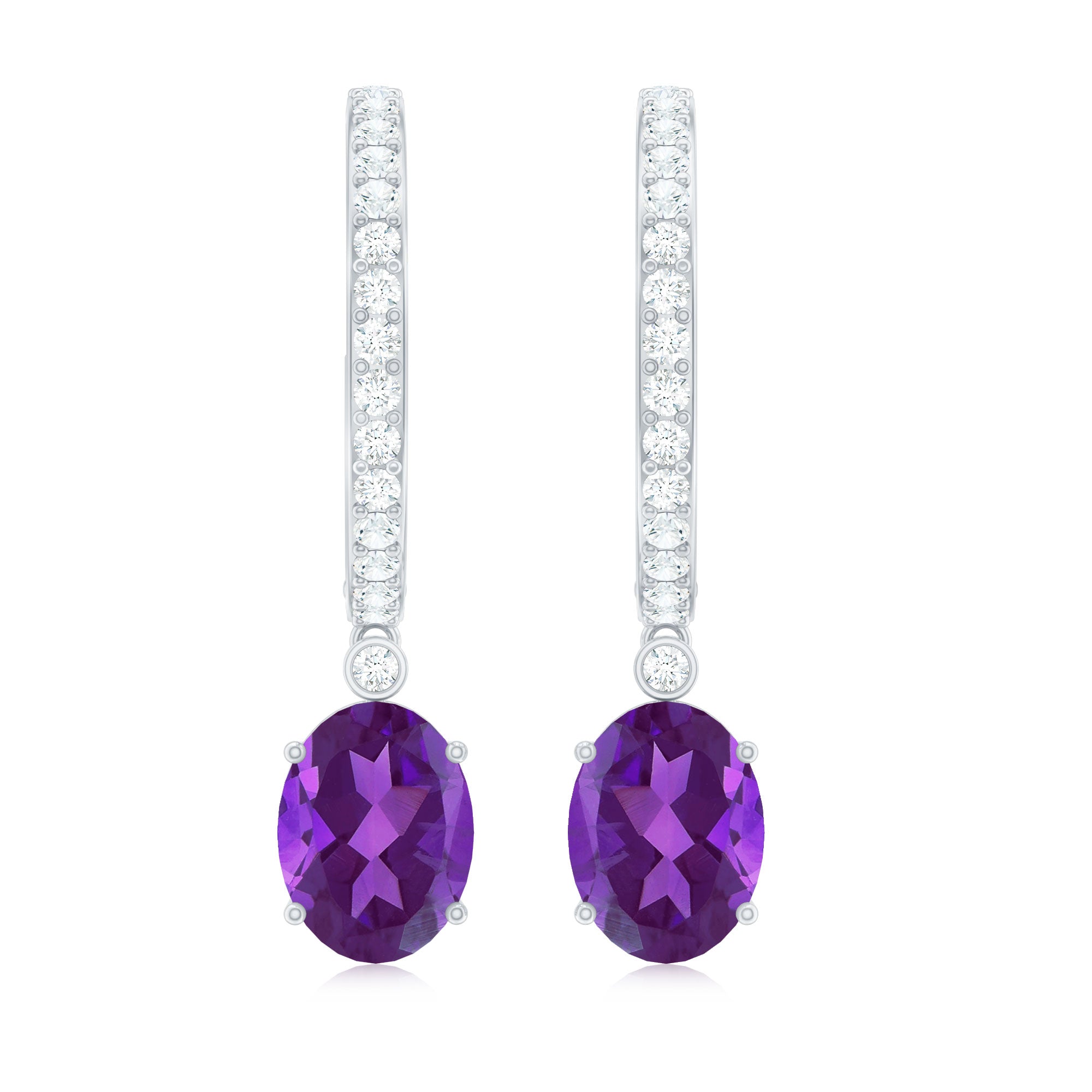 Real 6X8mm Oval Amethyst Diamond Hoop Earrings With Diamonds