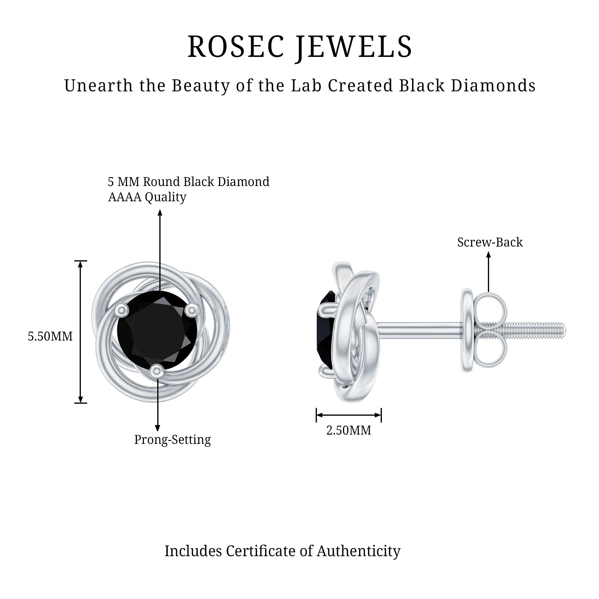 Solitaire Created Black Diamond Swirl Stud Earrings in 3 Prong Setting