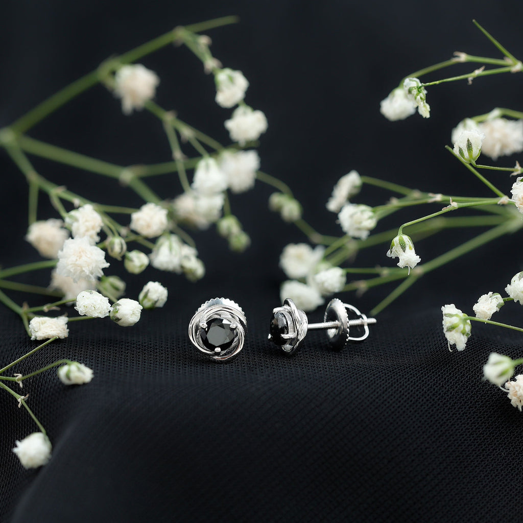 Solitaire Created Black Diamond Swirl Stud Earrings in 3 Prong Setting