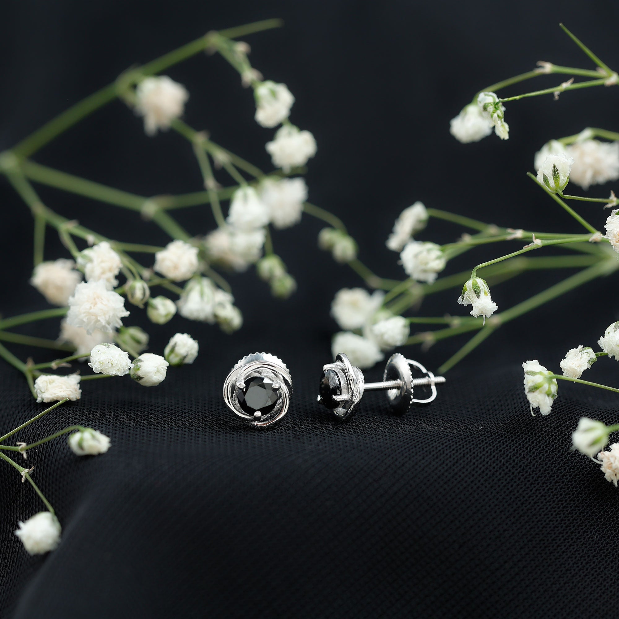 Solitaire Created Black Diamond Swirl Stud Earrings in 3 Prong Setting