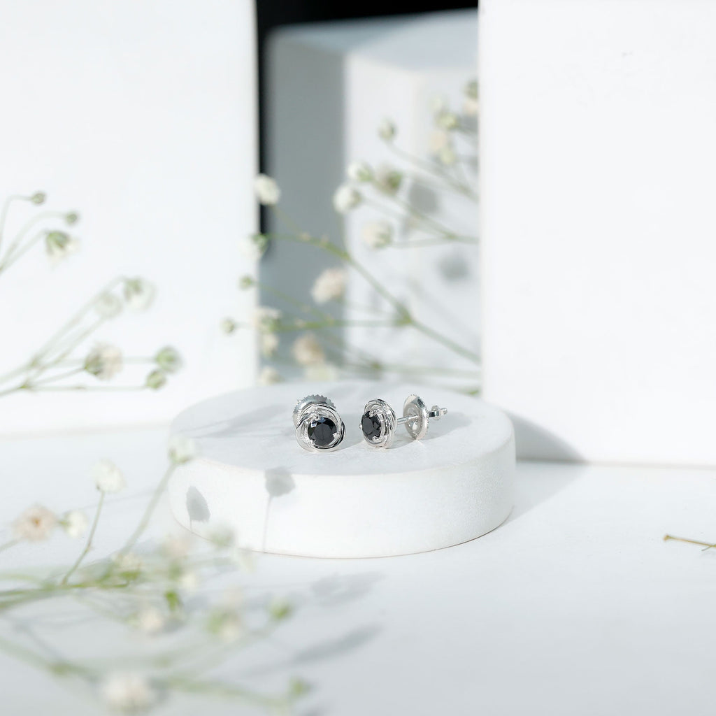 Solitaire Created Black Diamond Swirl Stud Earrings in 3 Prong Setting