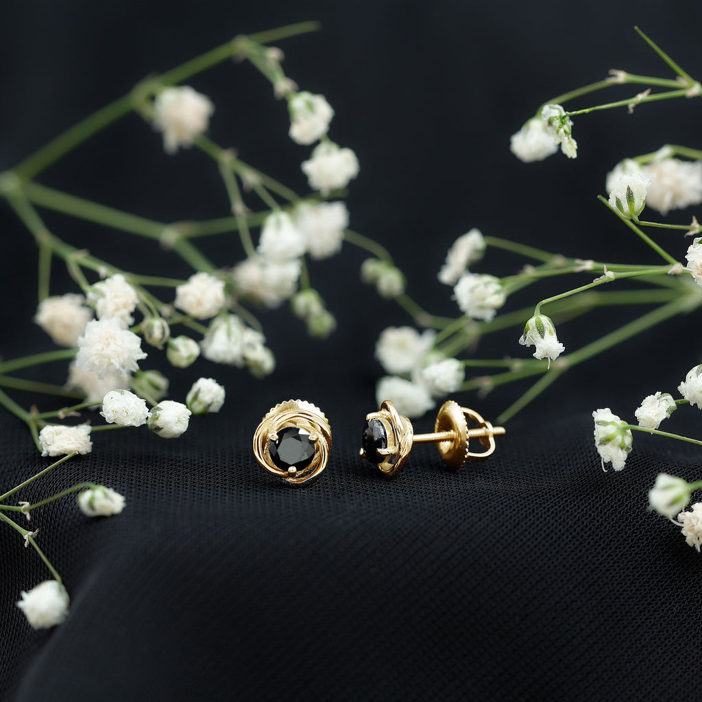 Solitaire Created Black Diamond Swirl Stud Earrings in 3 Prong Setting