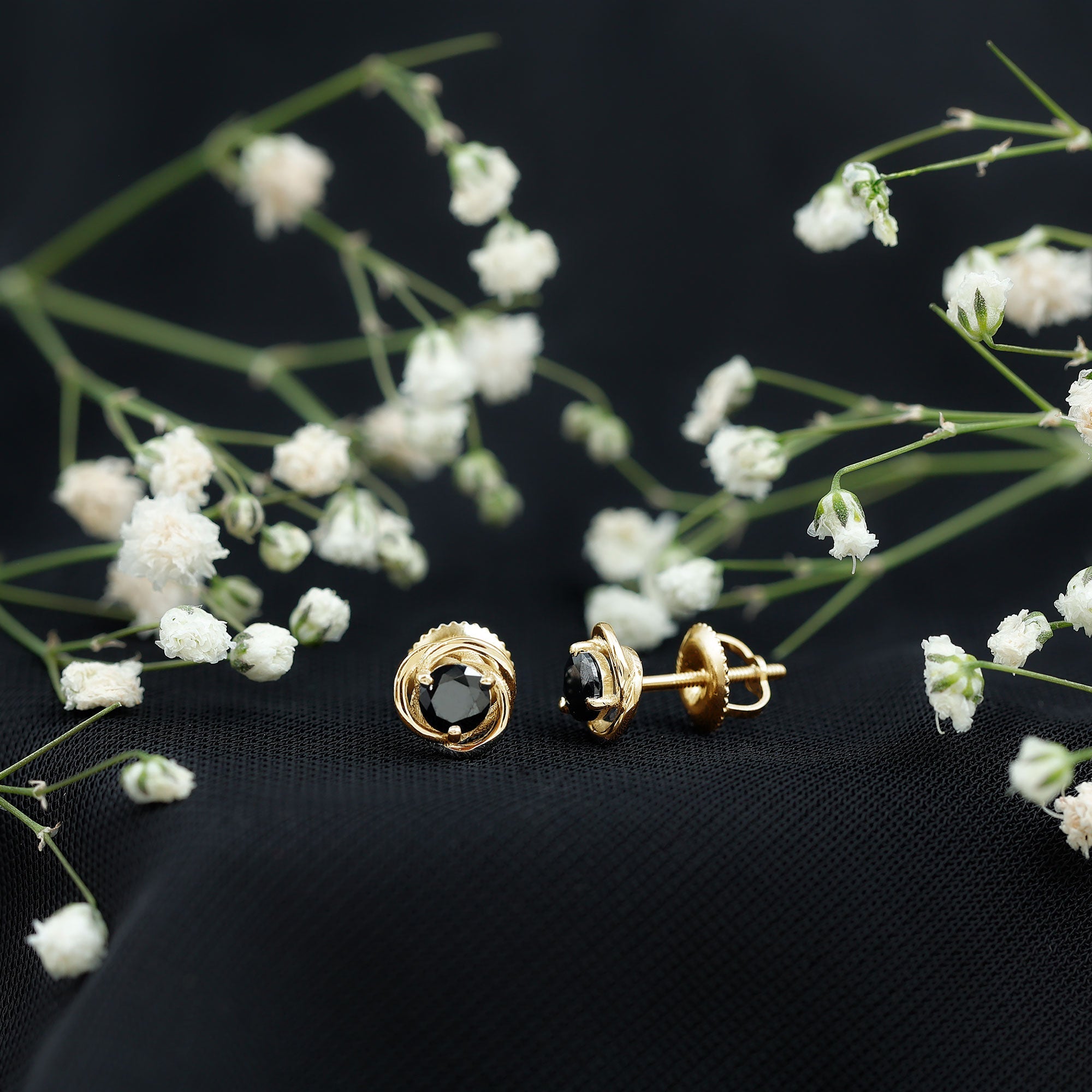 Solitaire Created Black Diamond Swirl Stud Earrings in 3 Prong Setting