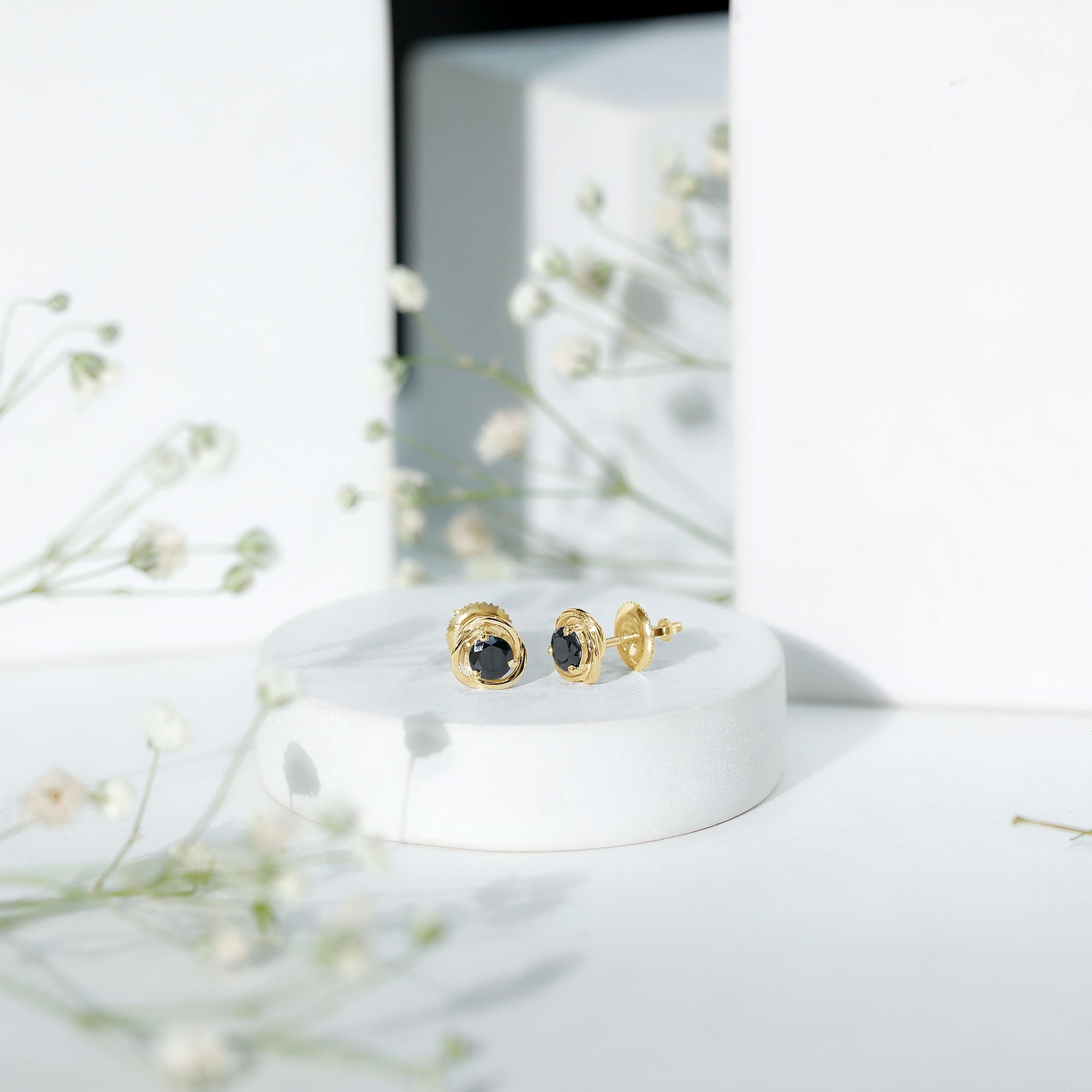 Solitaire Created Black Diamond Swirl Stud Earrings in 3 Prong Setting