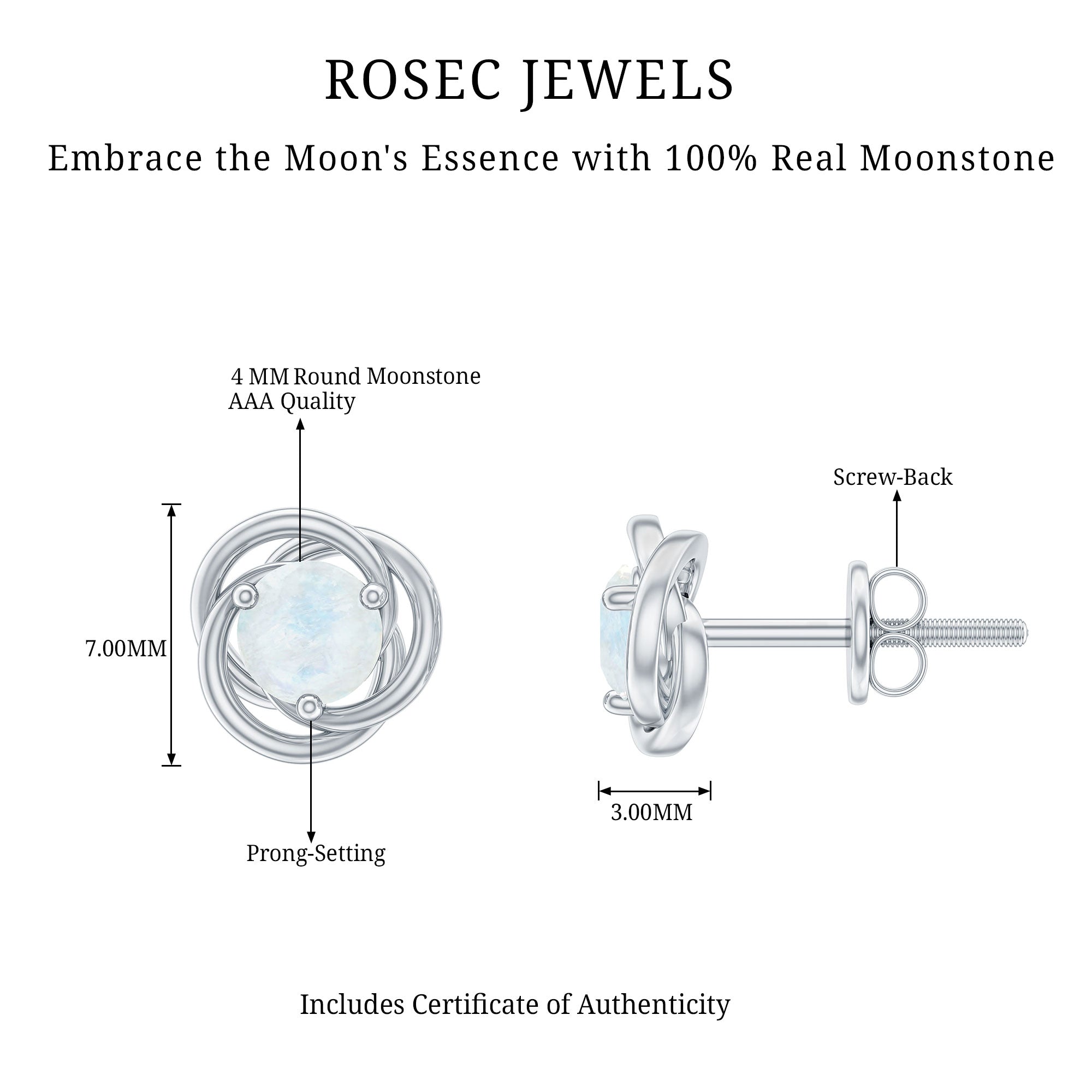 3 Prong Set Solitaire Moonstone Swirl Stud Earrings
