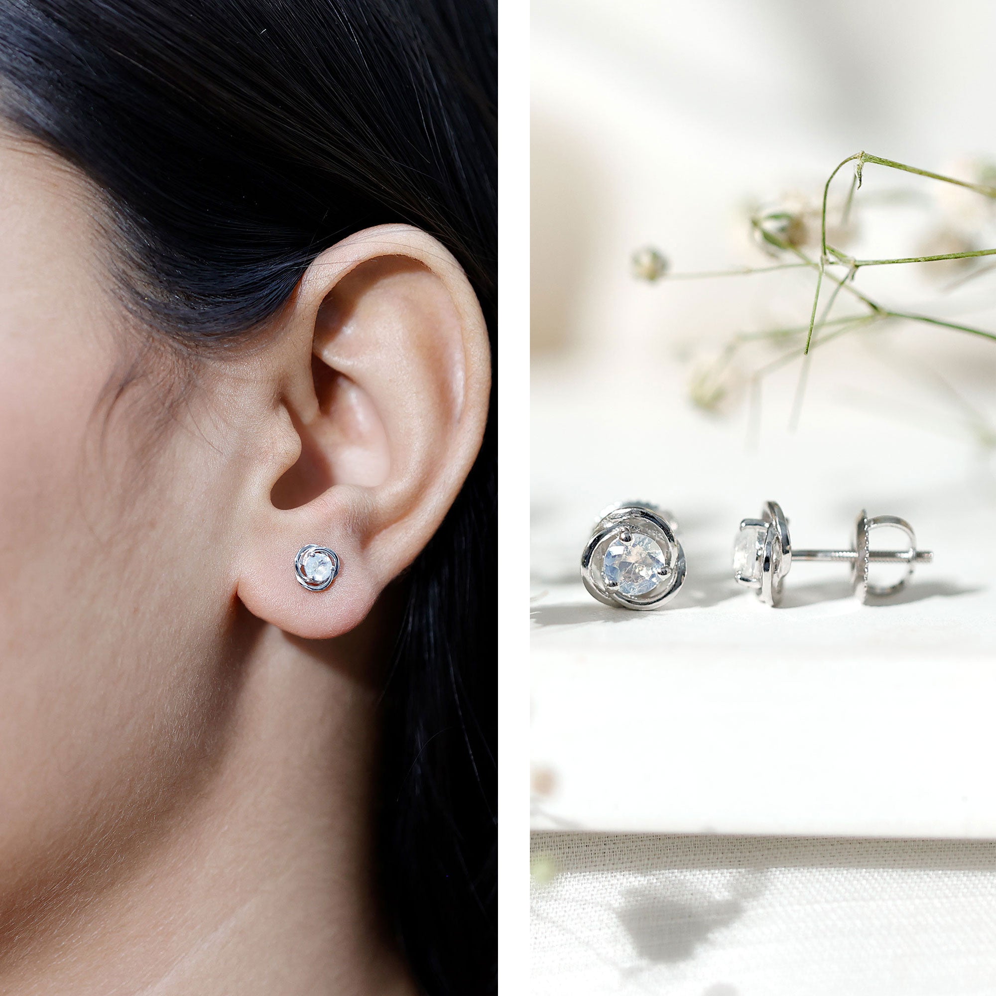 3 Prong Set Solitaire Moonstone Swirl Stud Earrings
