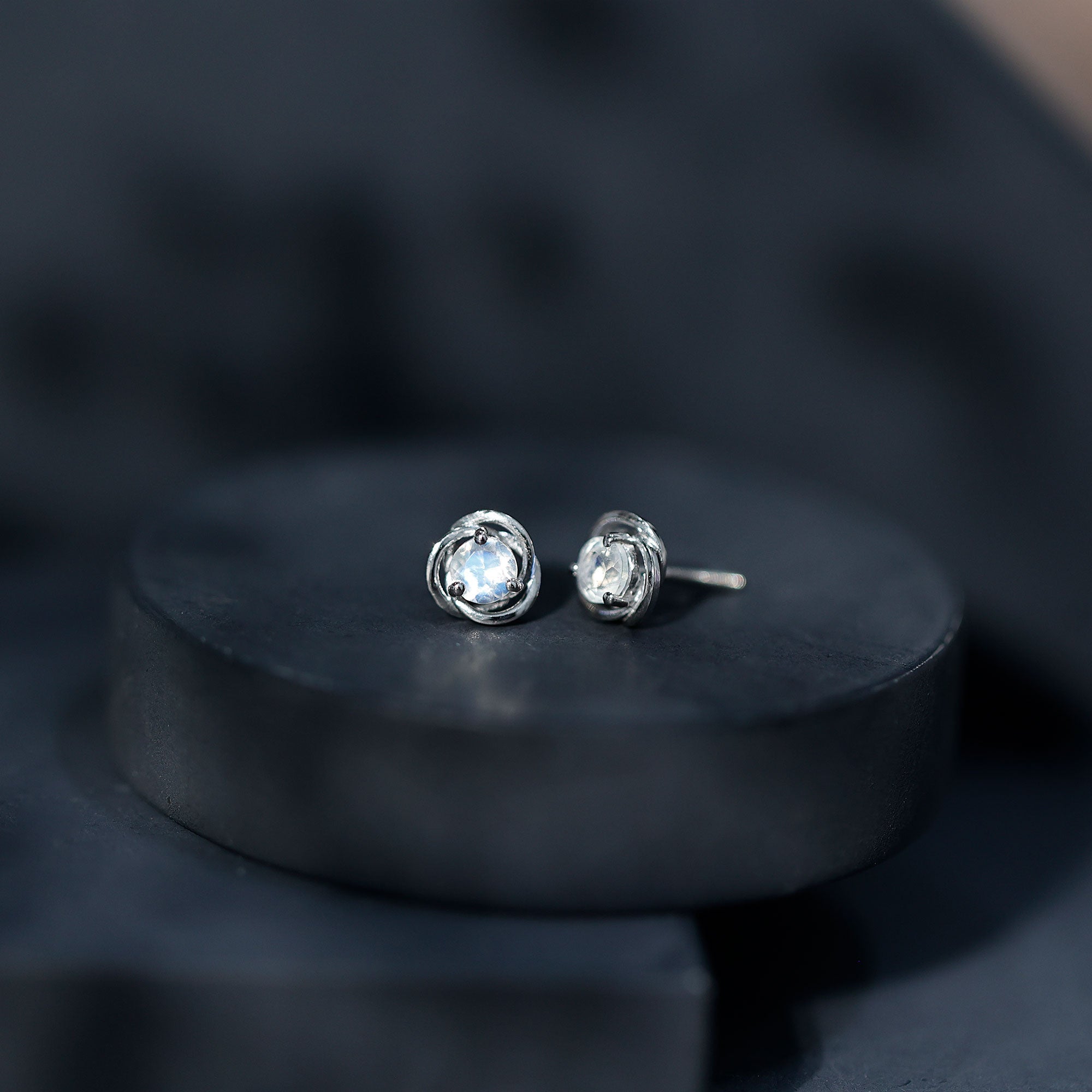 3 Prong Set Solitaire Moonstone Swirl Stud Earrings
