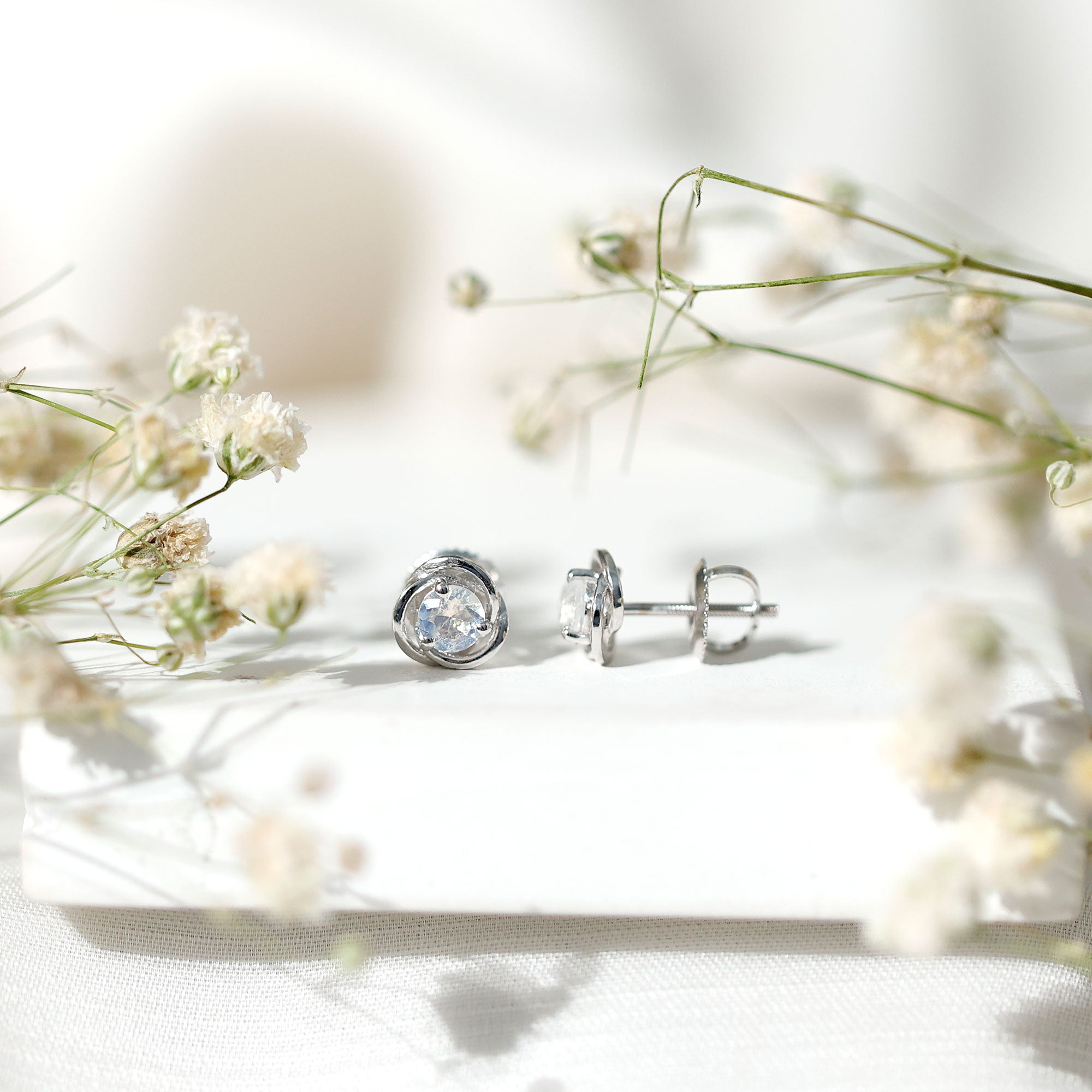 3 Prong Set Solitaire Moonstone Swirl Stud Earrings