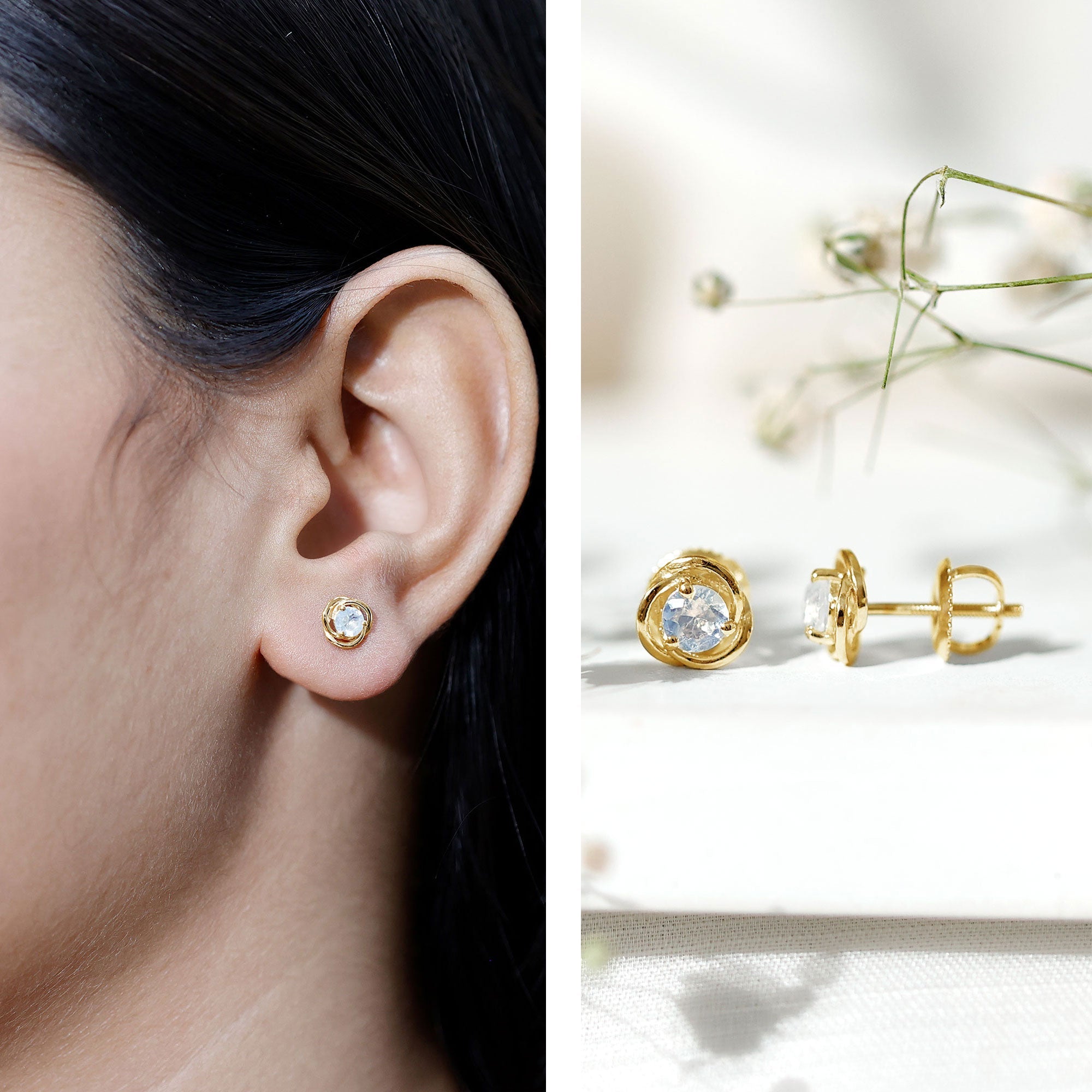 3 Prong Set Solitaire Moonstone Swirl Stud Earrings