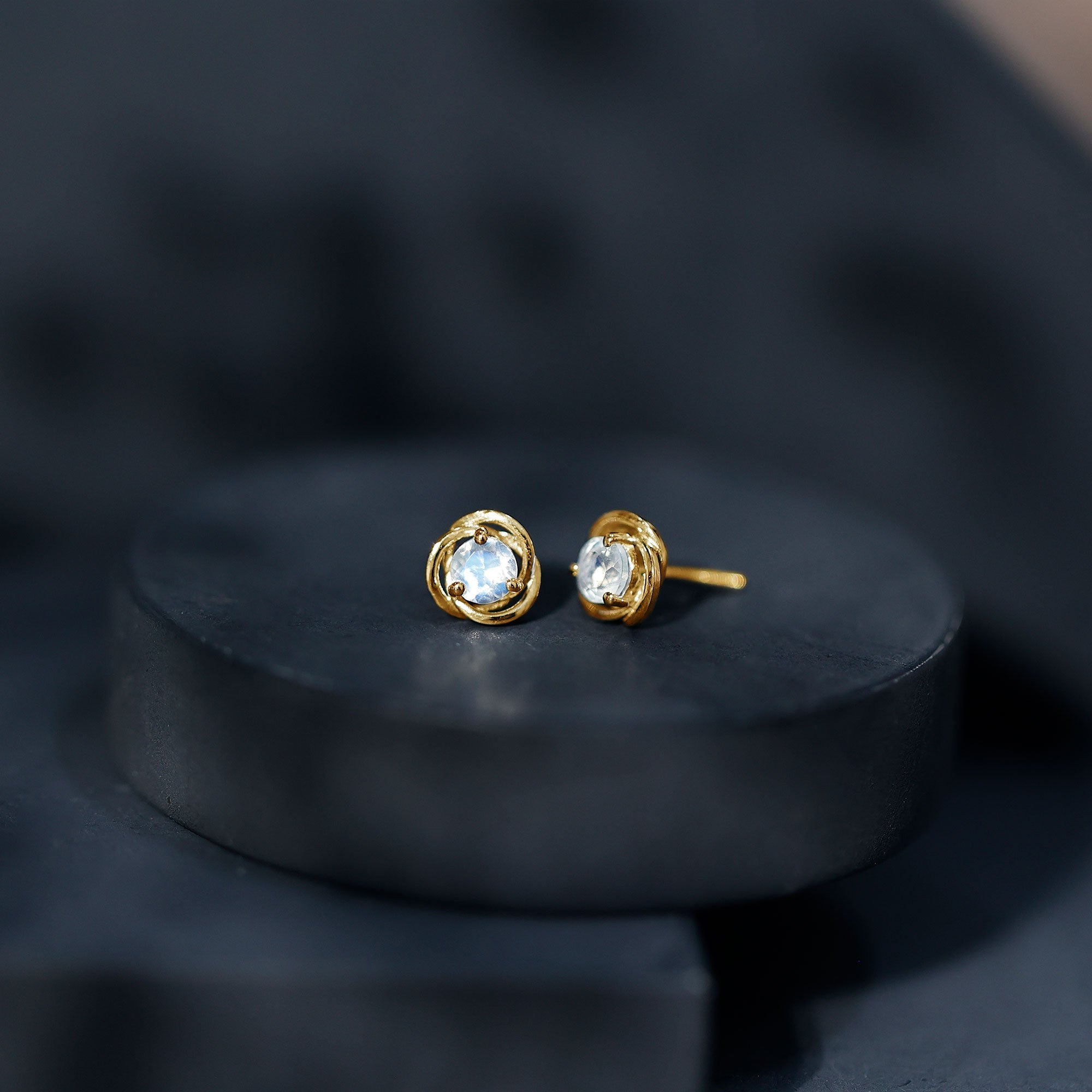 3 Prong Set Solitaire Moonstone Swirl Stud Earrings