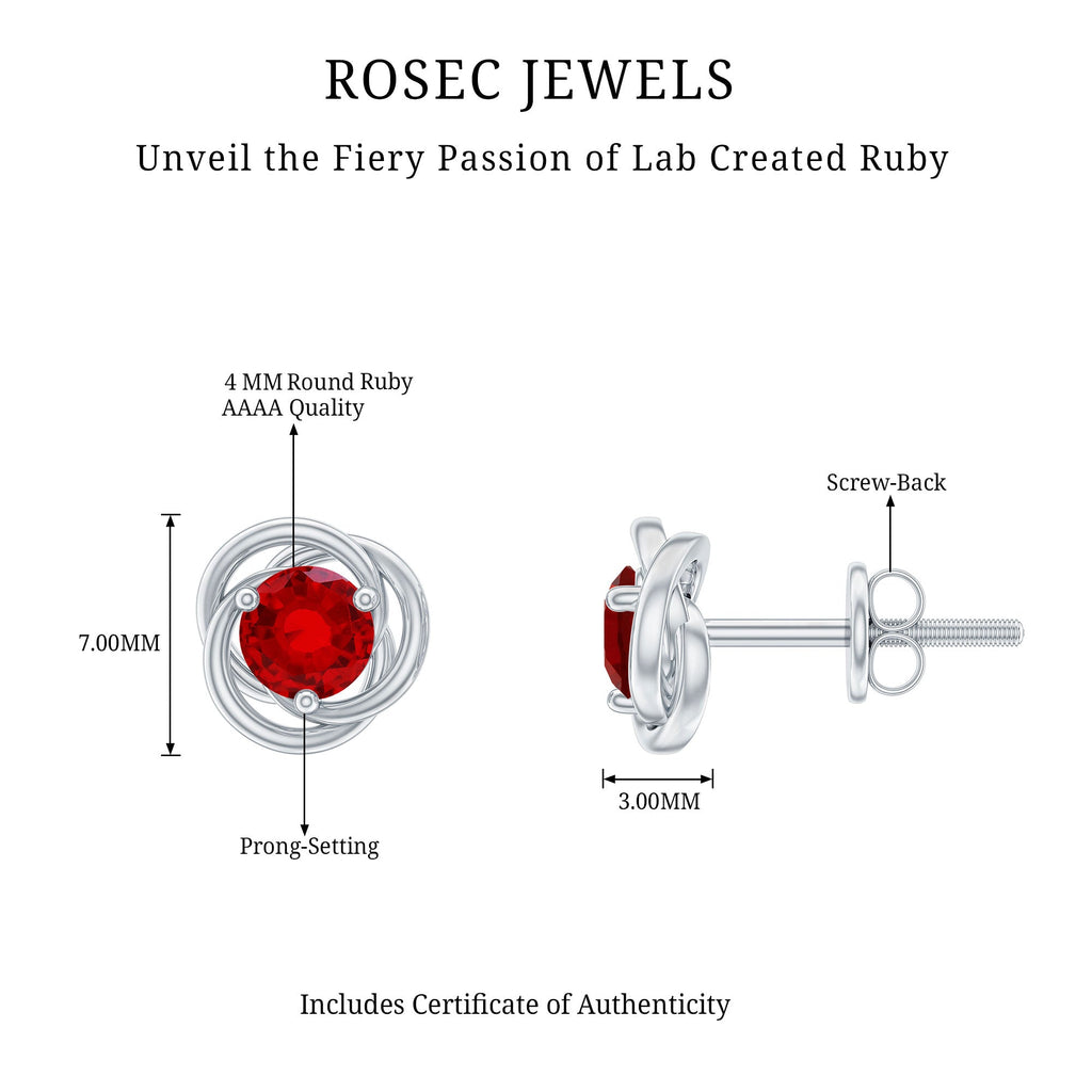 Solitaire Created Ruby Swirl Stud Earrings in 3 Prong Setting