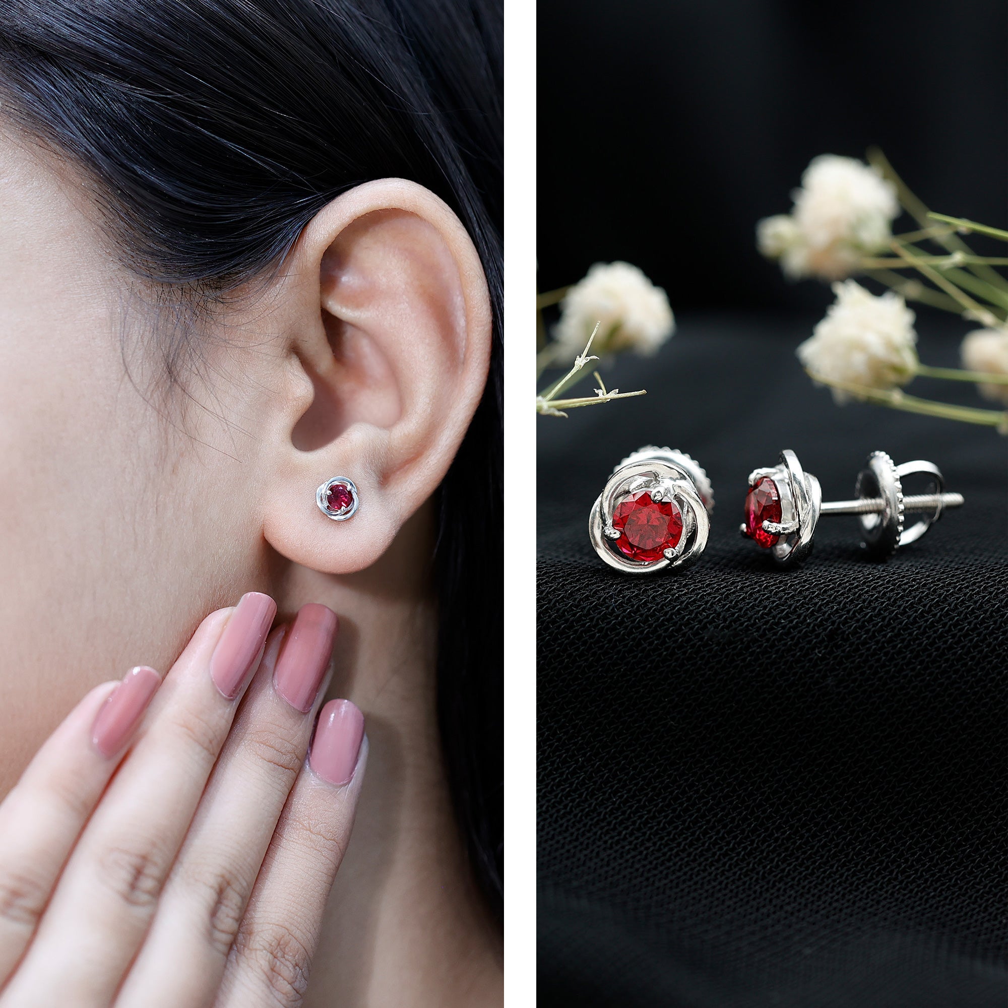Solitaire Created Ruby Swirl Stud Earrings in 3 Prong Setting