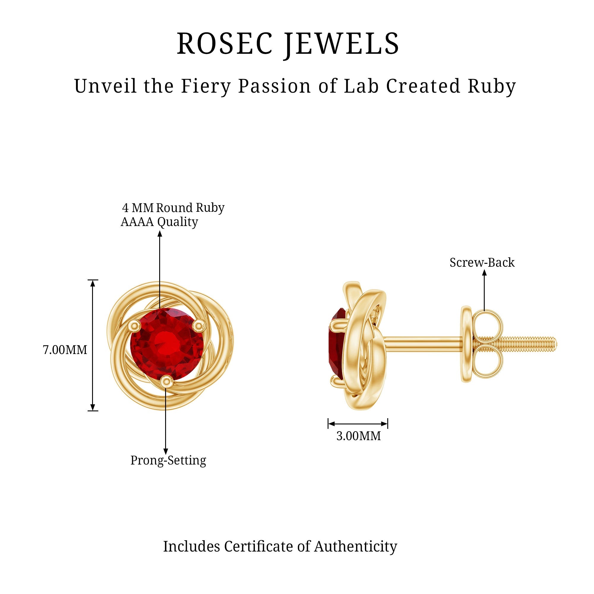 Solitaire Created Ruby Swirl Stud Earrings in 3 Prong Setting