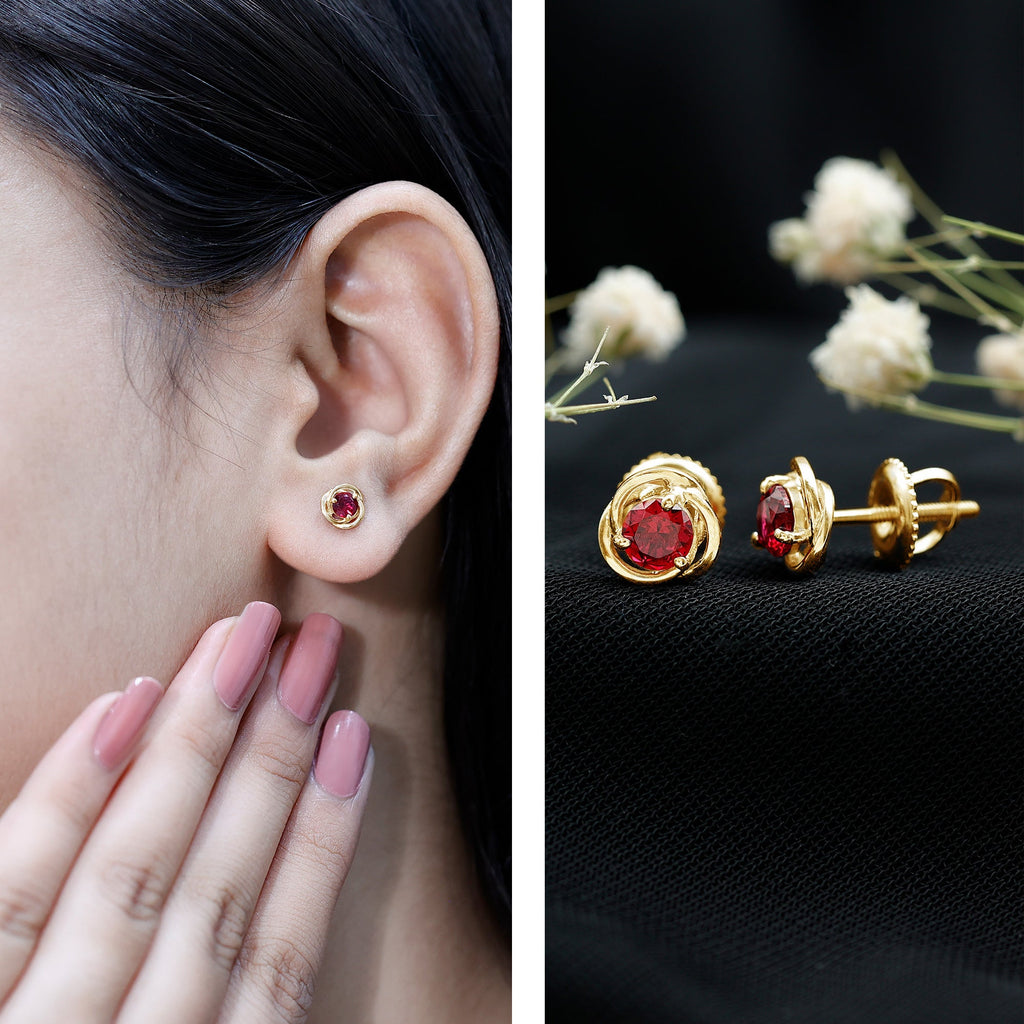 Solitaire Created Ruby Swirl Stud Earrings in 3 Prong Setting
