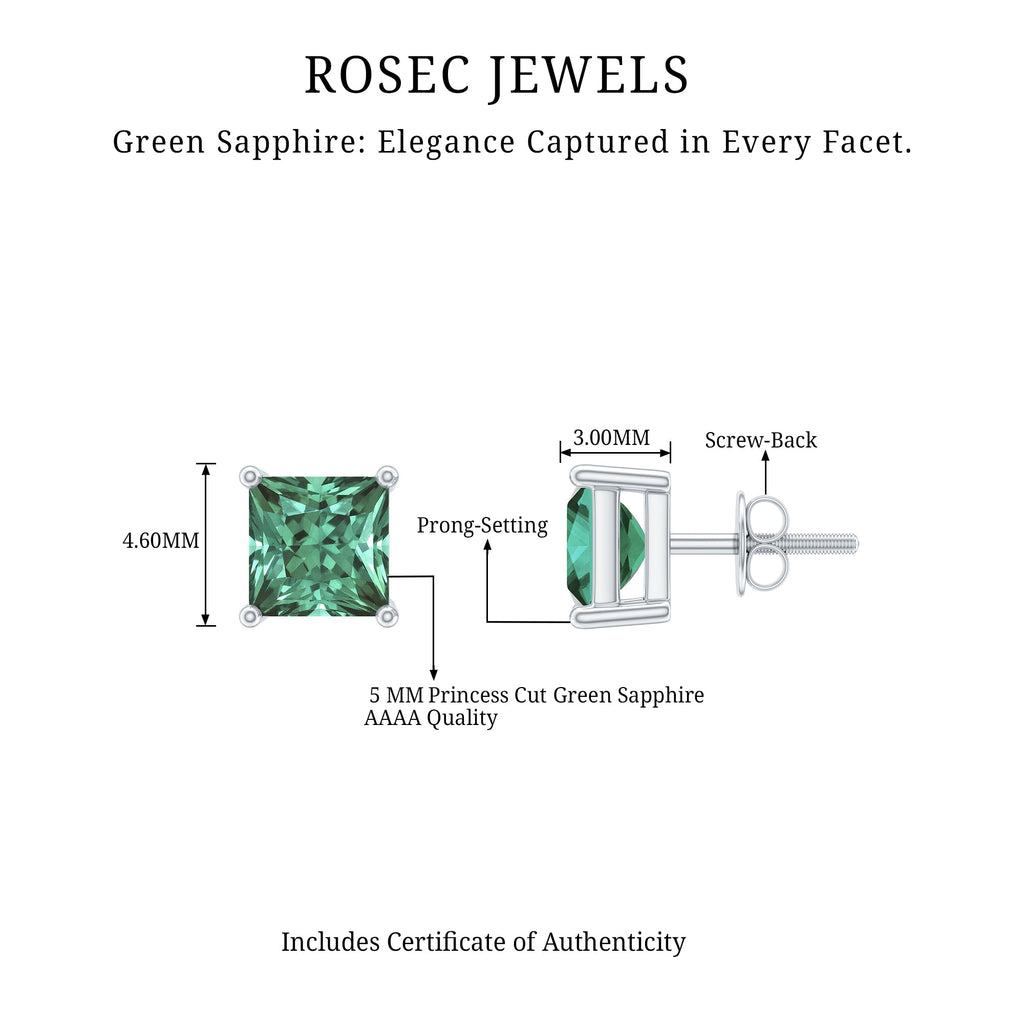 Princess Cut Lab Grown Green Sapphire Solitaire Stud Earrings