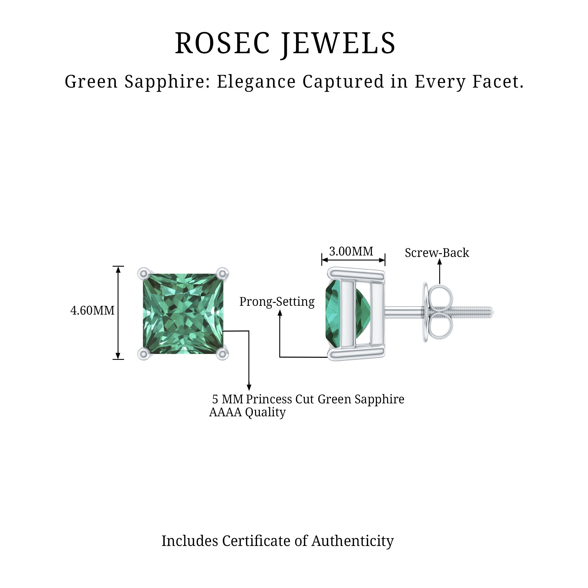 Princess Cut Lab Grown Green Sapphire Solitaire Stud Earrings