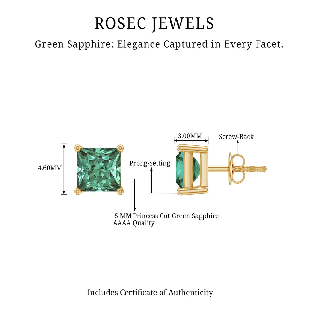 Princess Cut Lab Grown Green Sapphire Solitaire Stud Earrings
