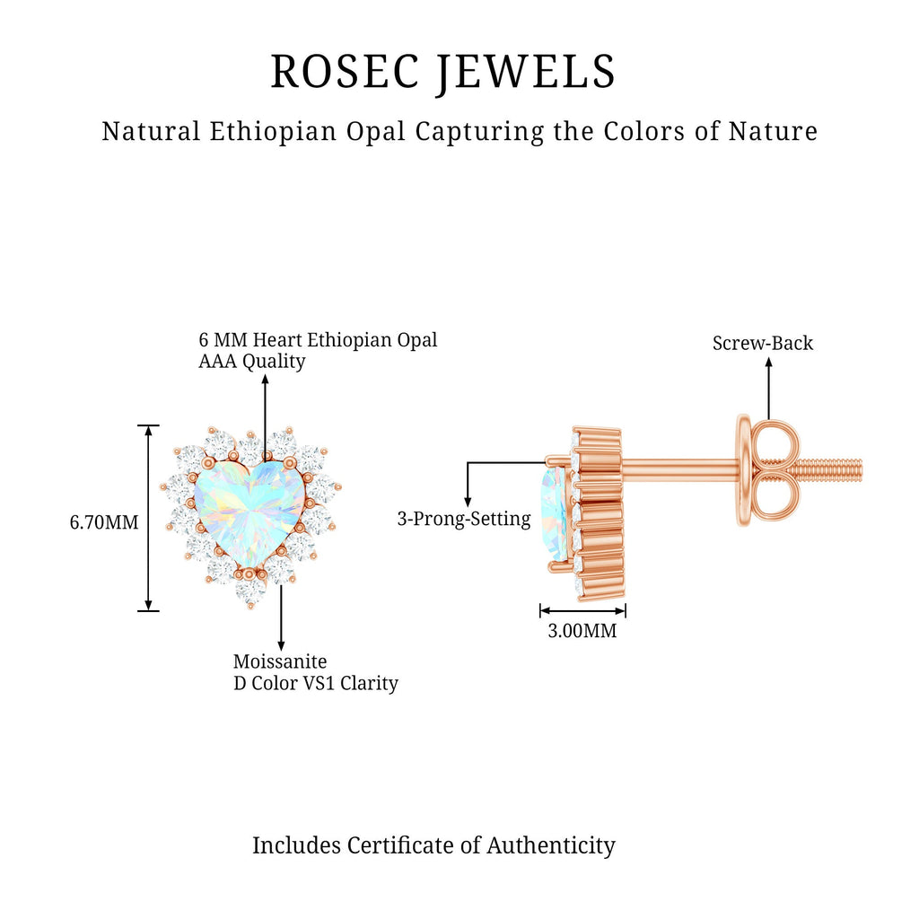 Natural Ethiopian Opal Heart Earrings with Moissanite Halo