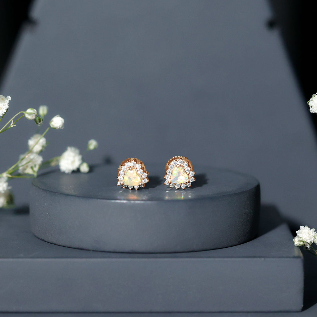 Natural Ethiopian Opal Heart Earrings with Moissanite Halo
