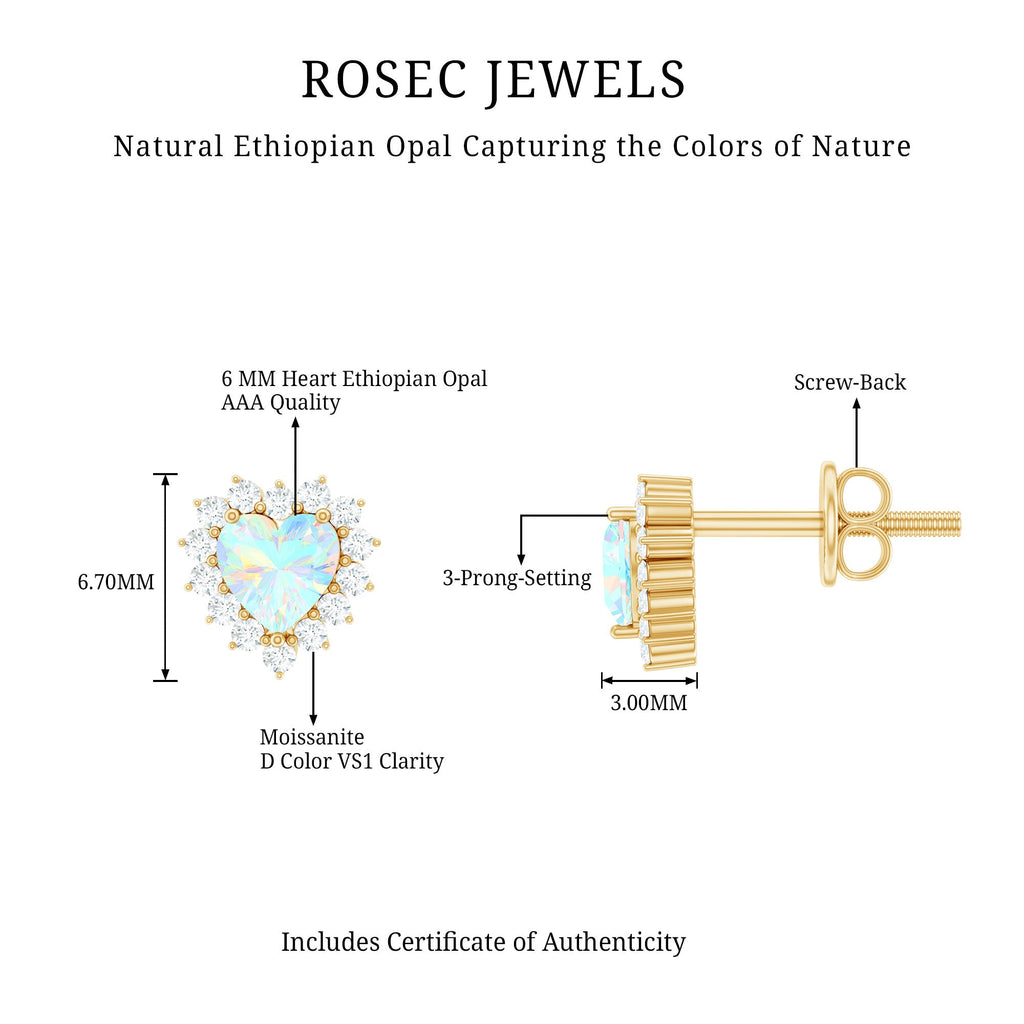 Natural Ethiopian Opal Heart Earrings with Moissanite Halo
