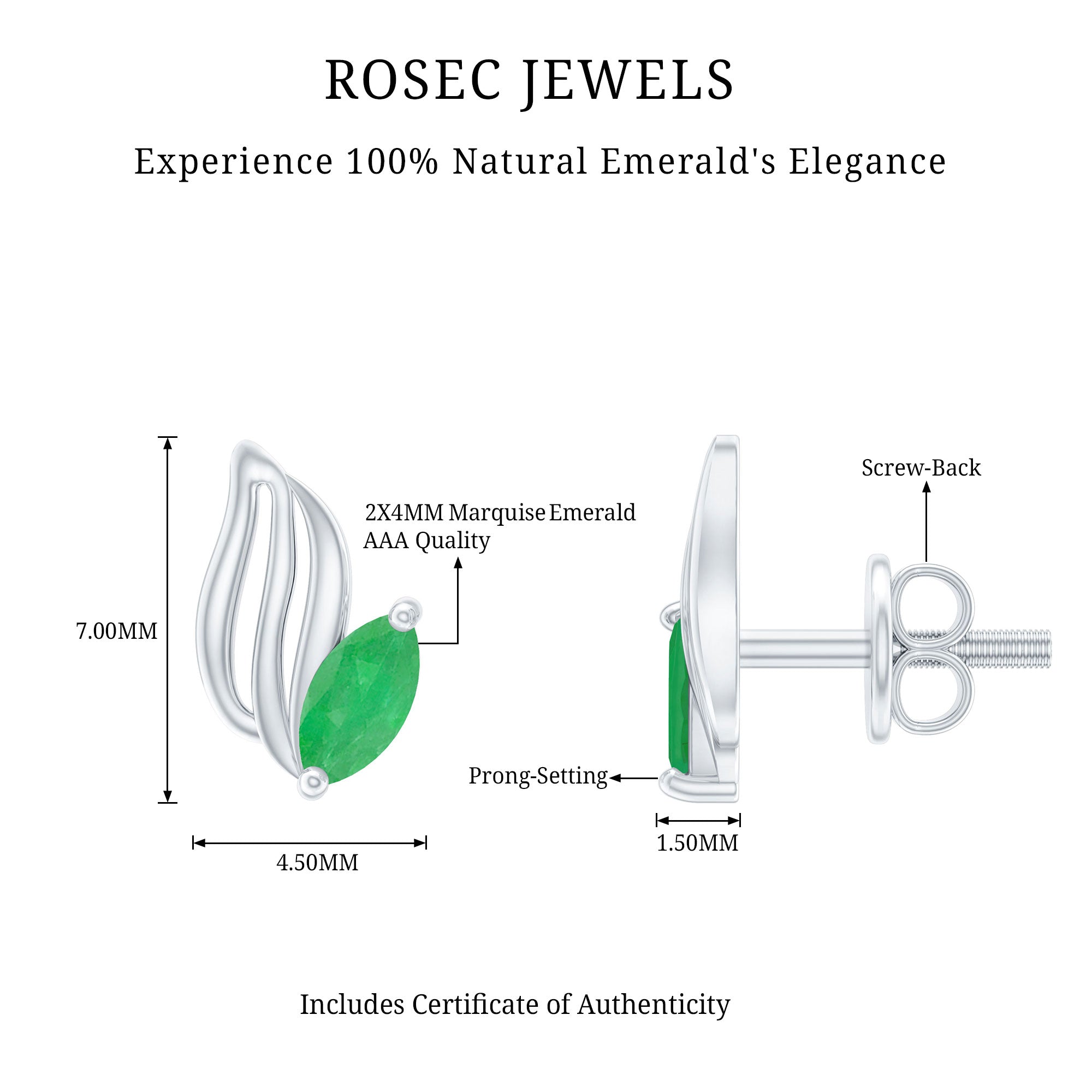 Natural Inspired Marquise Emerald Leaf Earrings with Screw Back