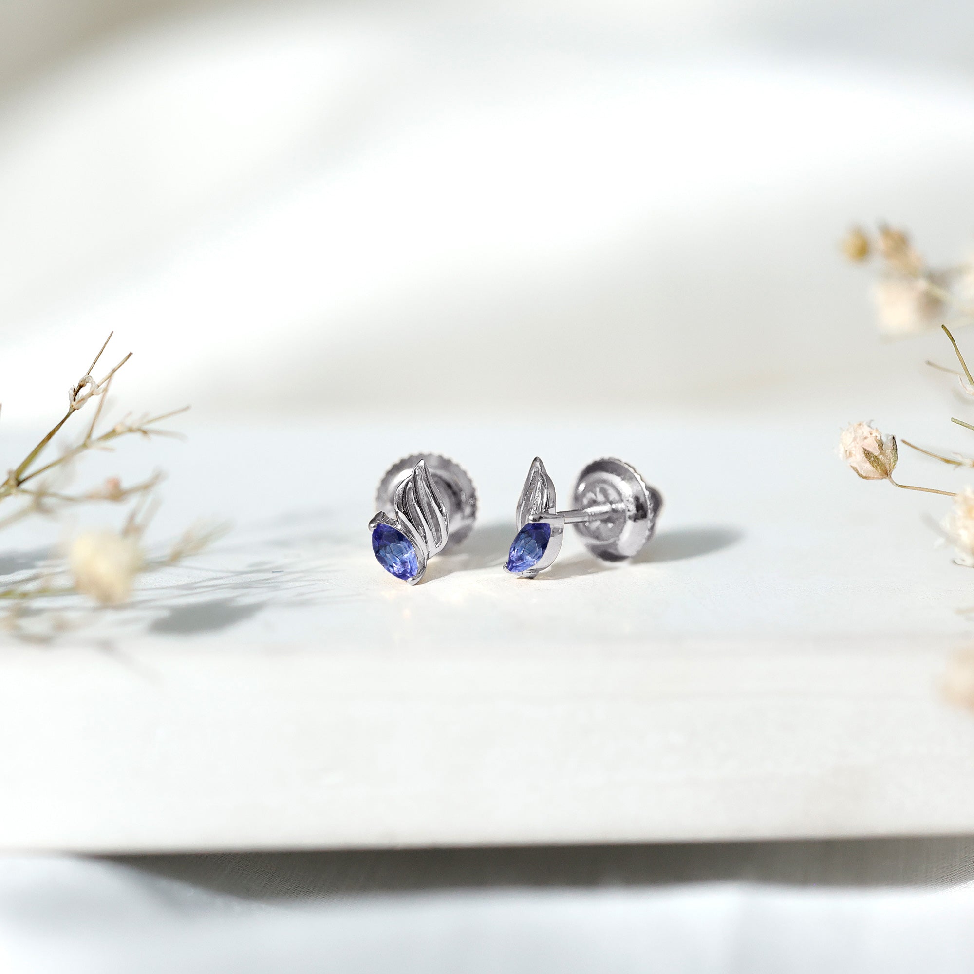 Natural Marquise Tanzanite Leaf Earrings with Screw Back