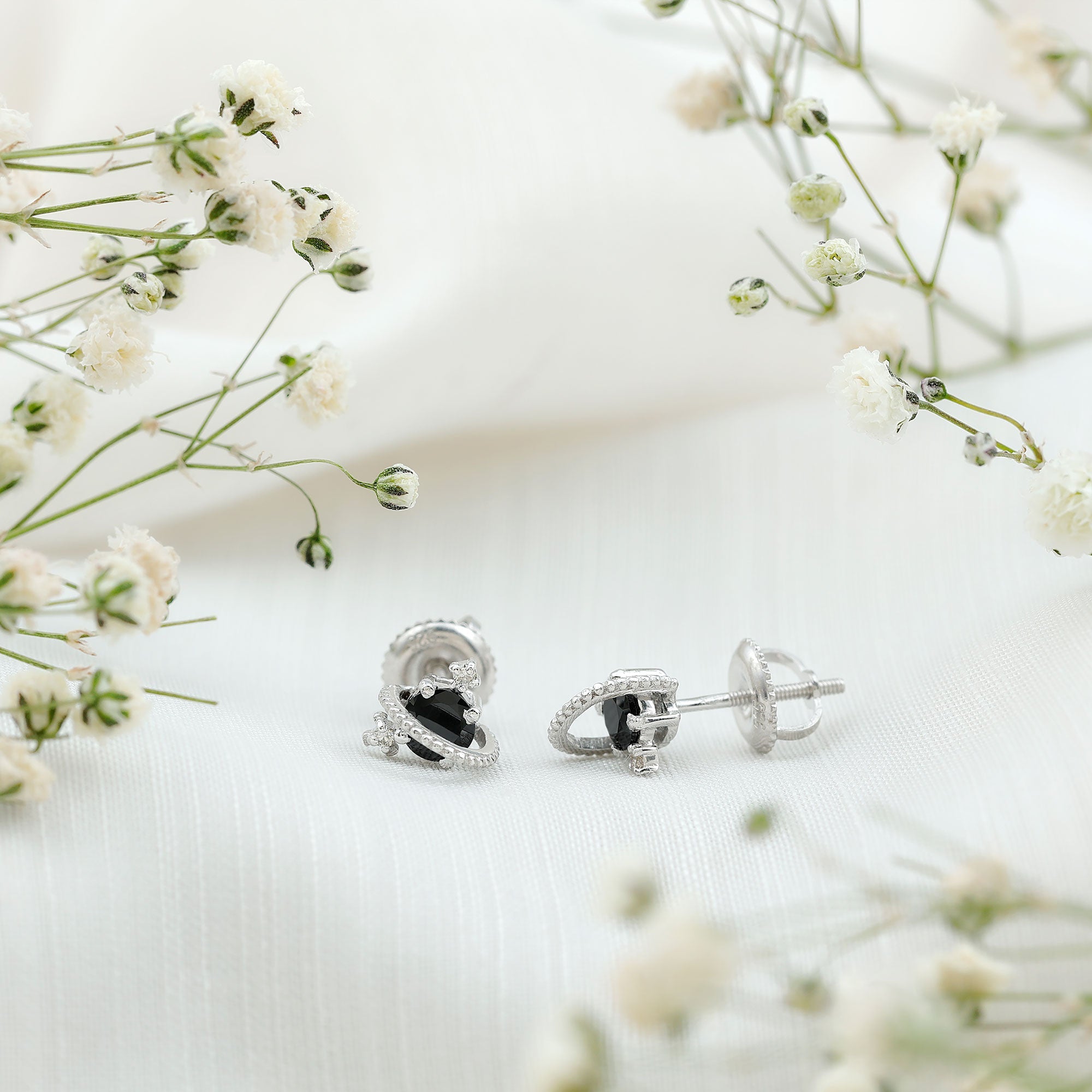 0.50 CT Created Black Diamond and Diamond Celestial Stud Earrings