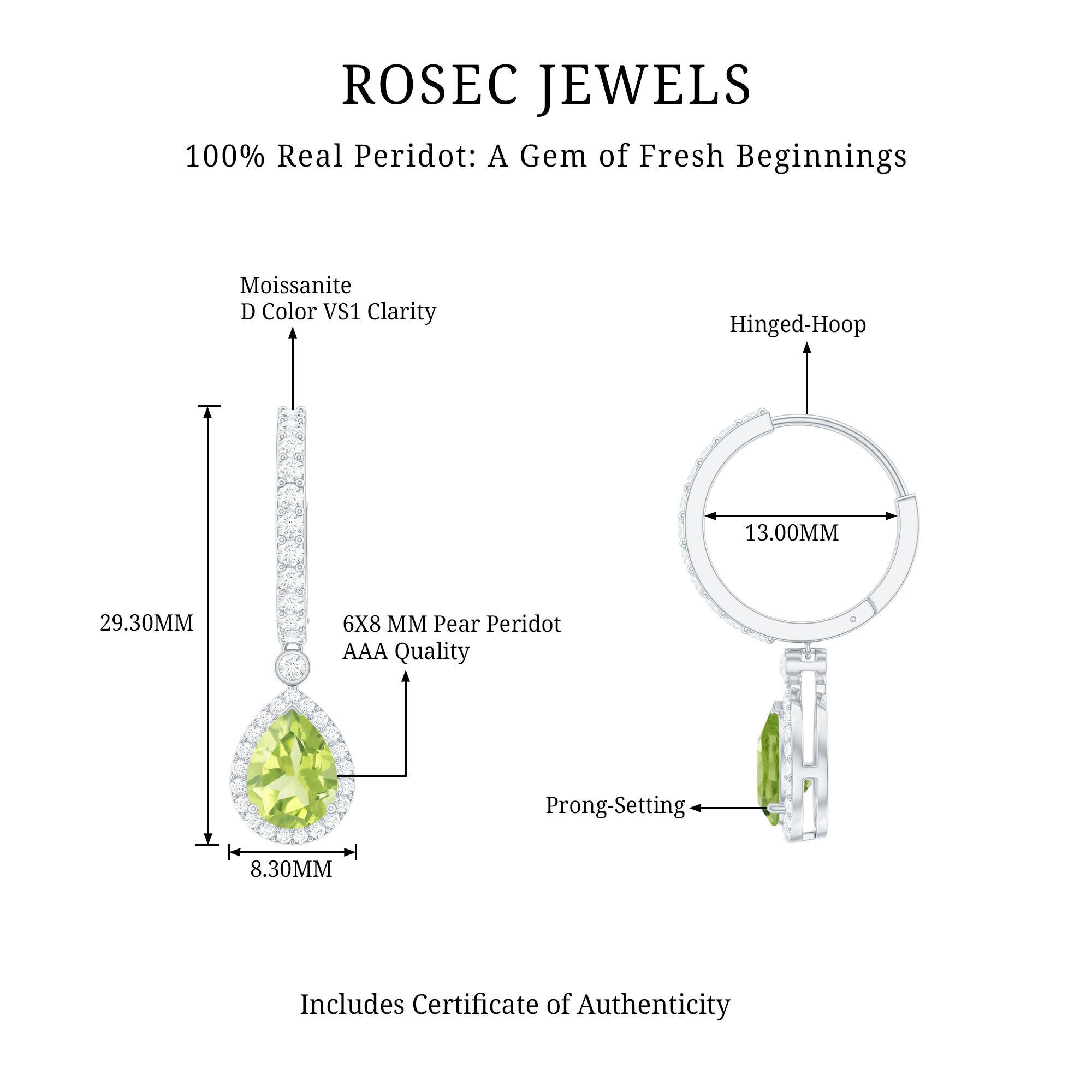 Classic 2 Carat Peridot Teardrop Earrings with Moissanite Hinged Hoop