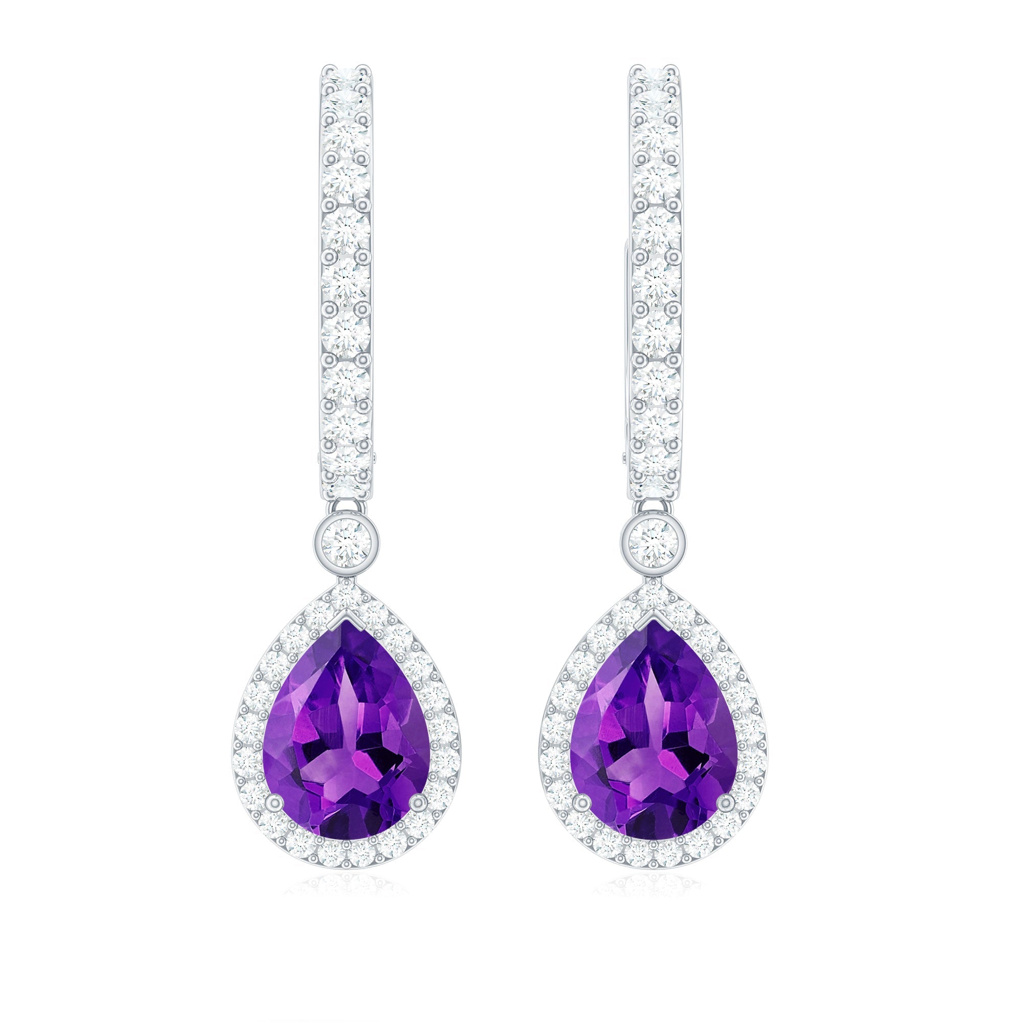 Natural Amethyst Teardrop Earrings with Moissanite Hinged Hoop