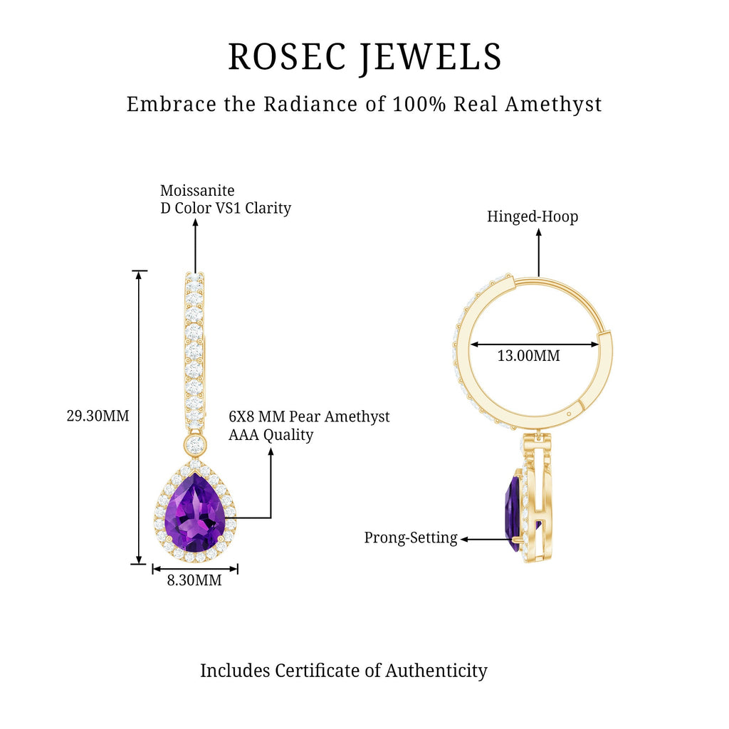 Natural Amethyst Teardrop Earrings with Moissanite Hinged Hoop
