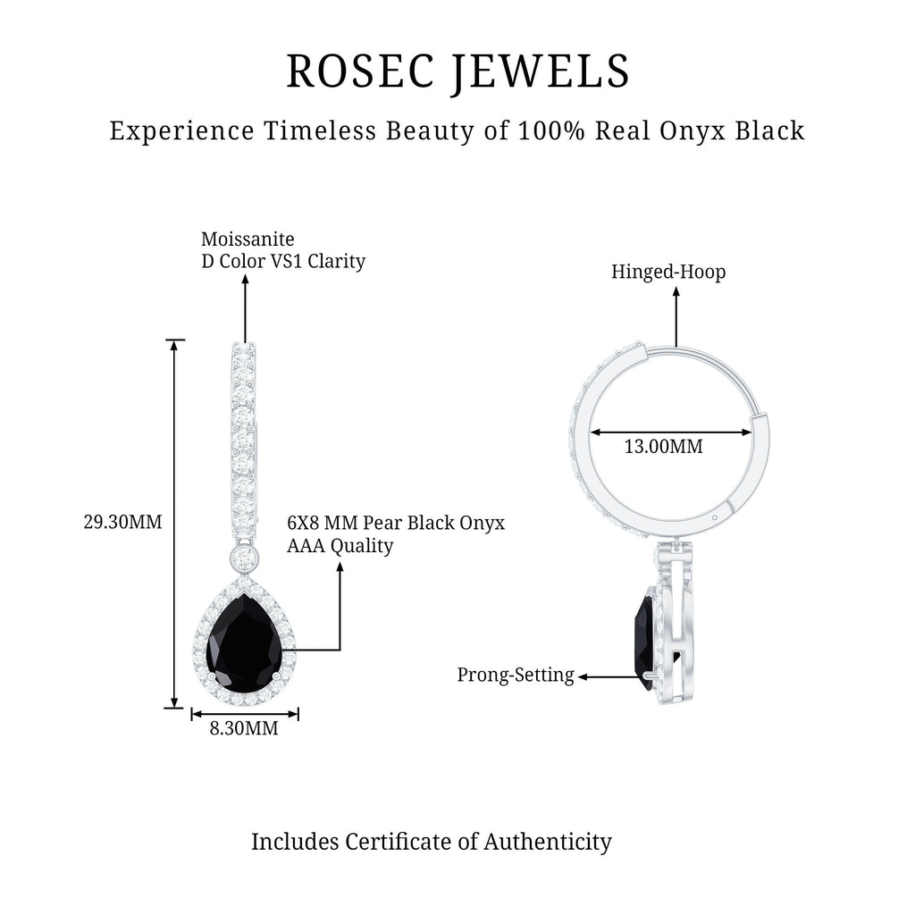 Natural Pear Shape Black Onyx Hoop Drop Earrings