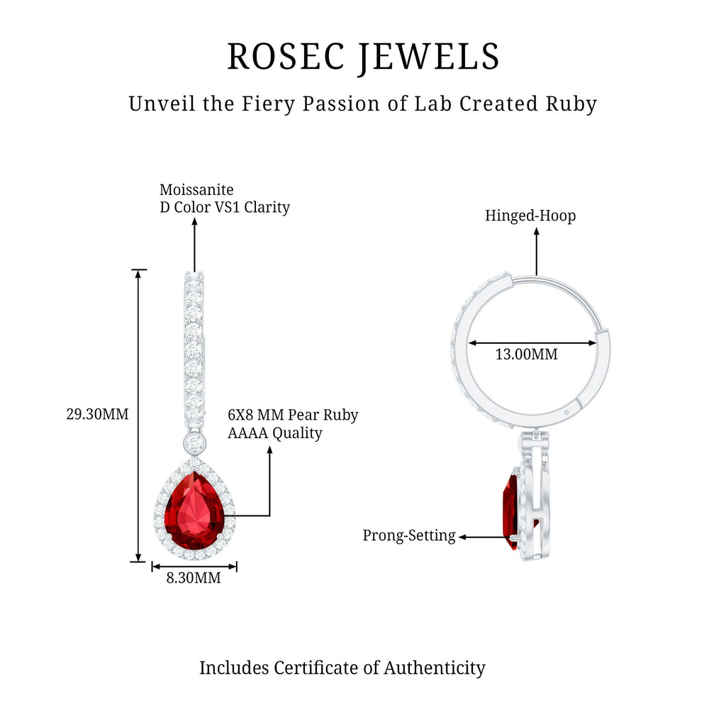 Lab Created Ruby and Moissanite Teardrop Hoop Earrings