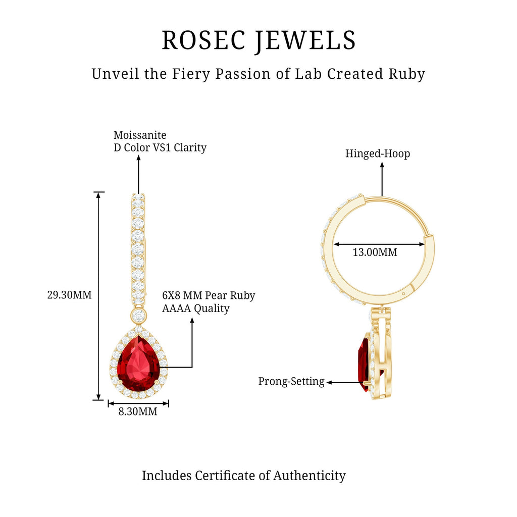 Lab Created Ruby and Moissanite Teardrop Hoop Earrings
