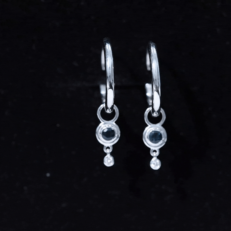 Bezel Set London Blue Topaz and Moissanite Hoop Drop Earrings
