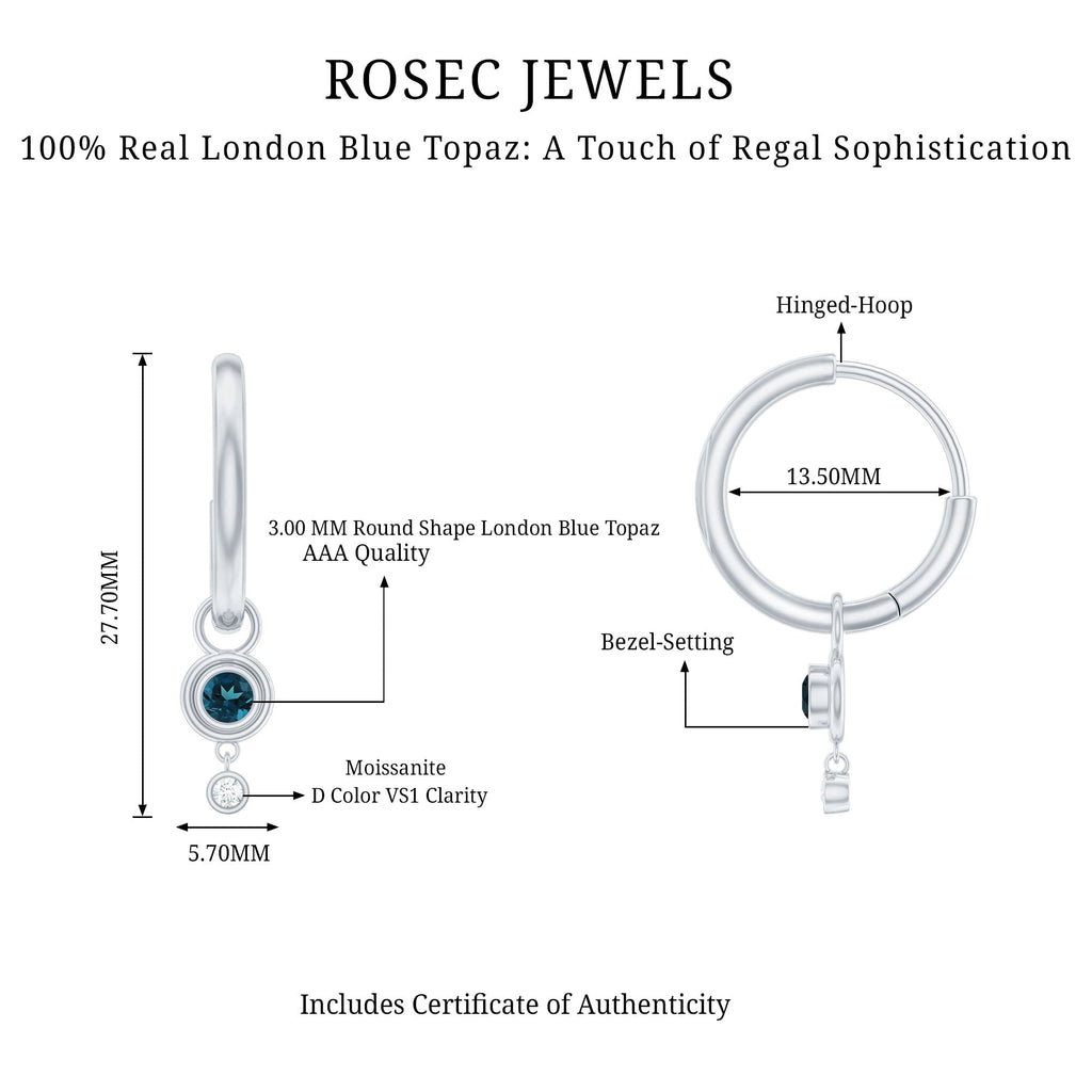 Bezel Set London Blue Topaz and Moissanite Hoop Drop Earrings